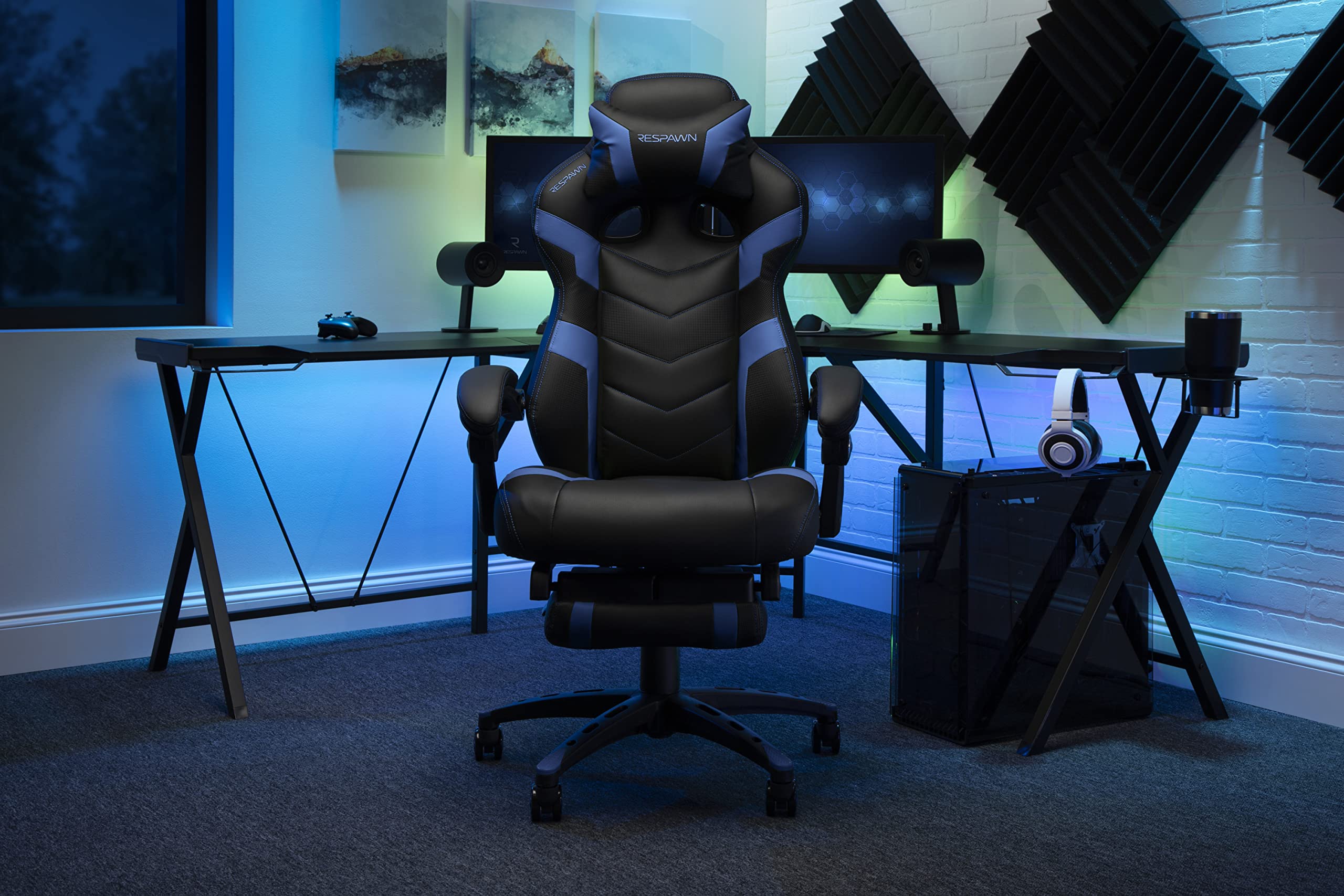 RESPAWN 110 Ergonomic Gaming Chair with Footrest - Racing Style High Back Office Chair with 360 Swivel, Adjustable Lumbar Support & Headrest Pillow - Perfect for PC Gaming, Home Office & Streaming Setup (2021 Blue)
