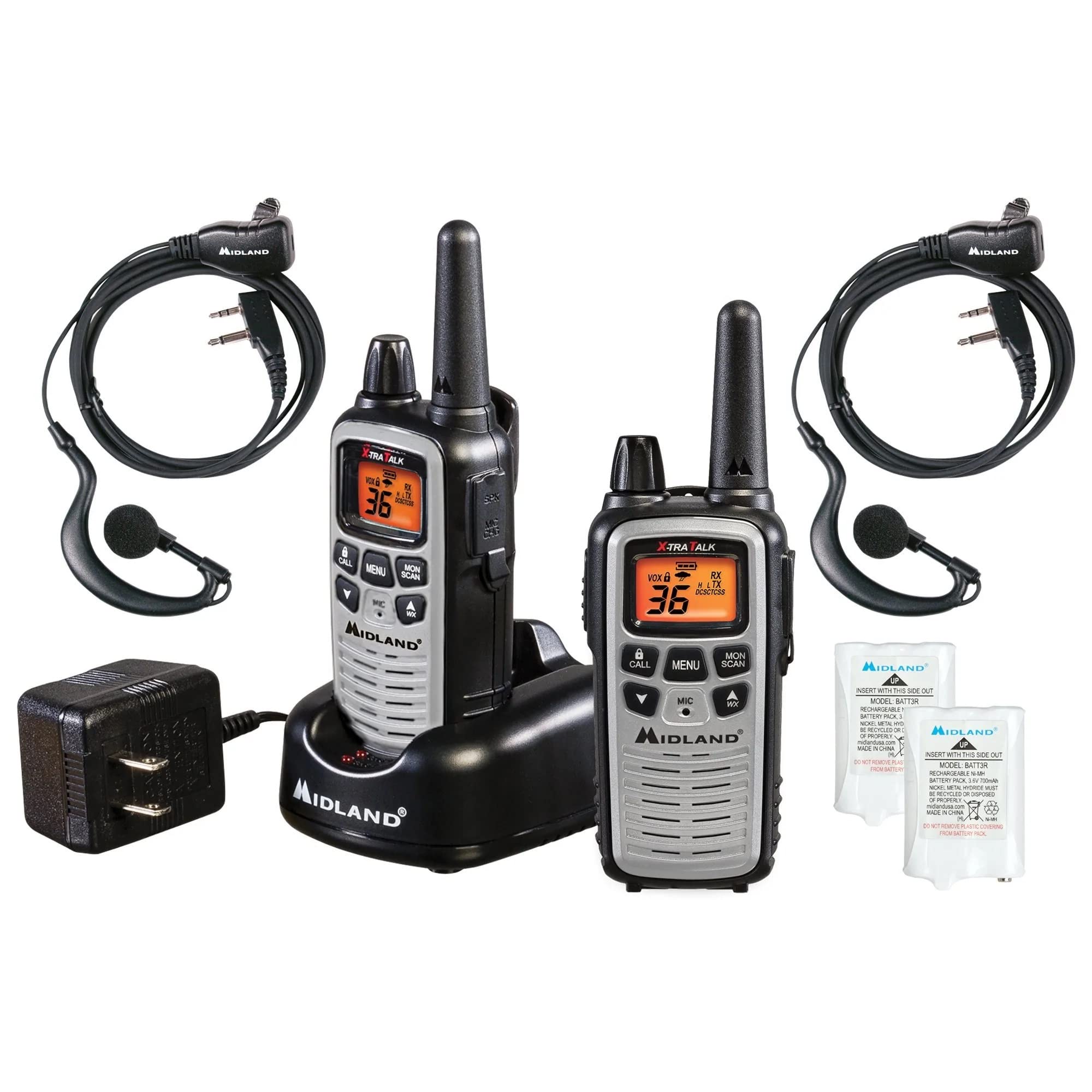 Midland LXT600VP4 2-Pack Portable Two-Way Radios with Headset - 30 Mile Range FRS Walkie-Talkies with NOAA Weather Alerts - Ideal for Family Outdoors, Hiking, Camping, and Restaurant/Cafe Staff Communication