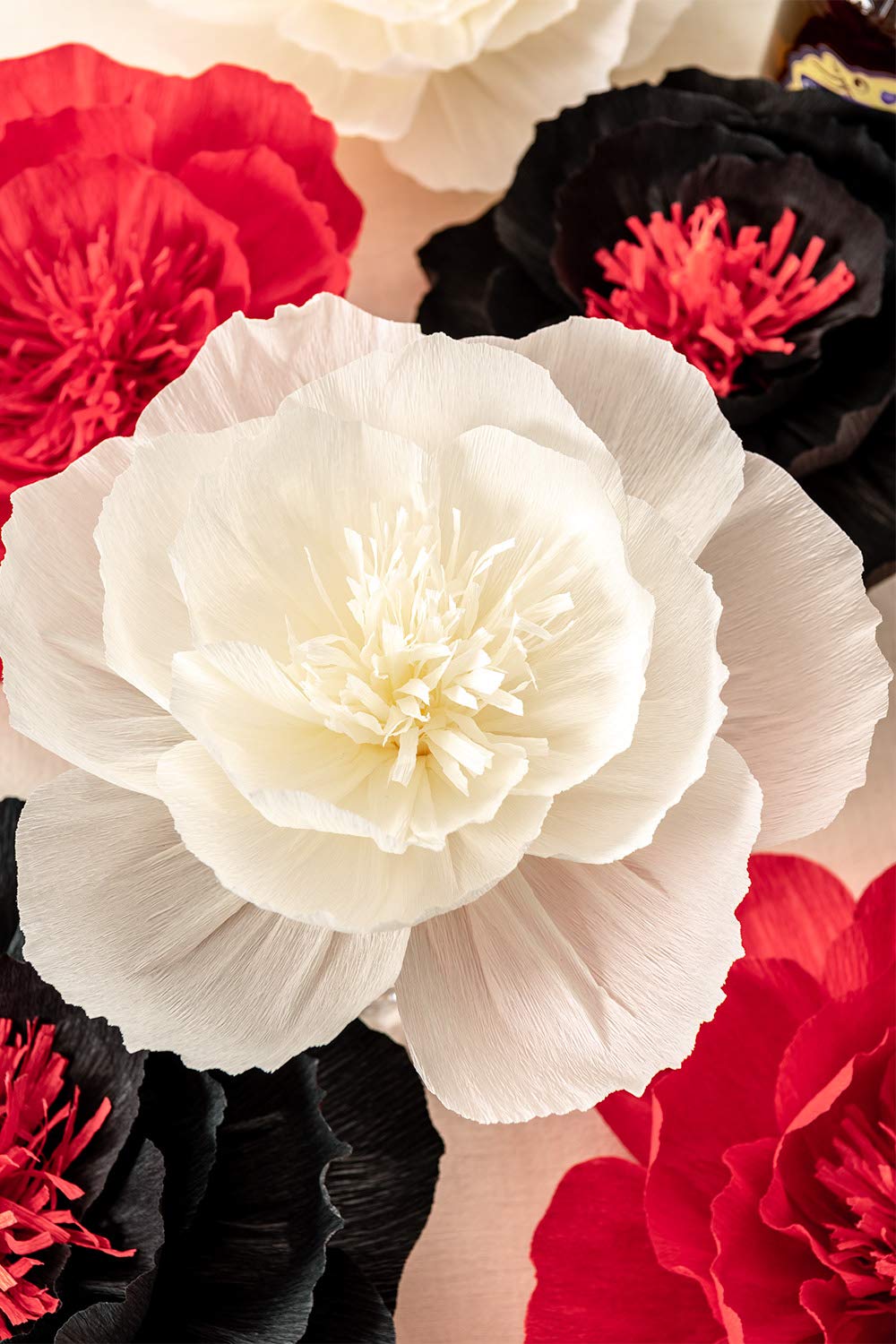 Large Crepe Paper Flowers for Wall Decor - Wedding Backdrop, Nursery, Bridal Shower, Graduation & Birthday Party (Set of 6 - Black, Red, White) | Easy No-Assembly Floral Decorations for Home & Event Styling