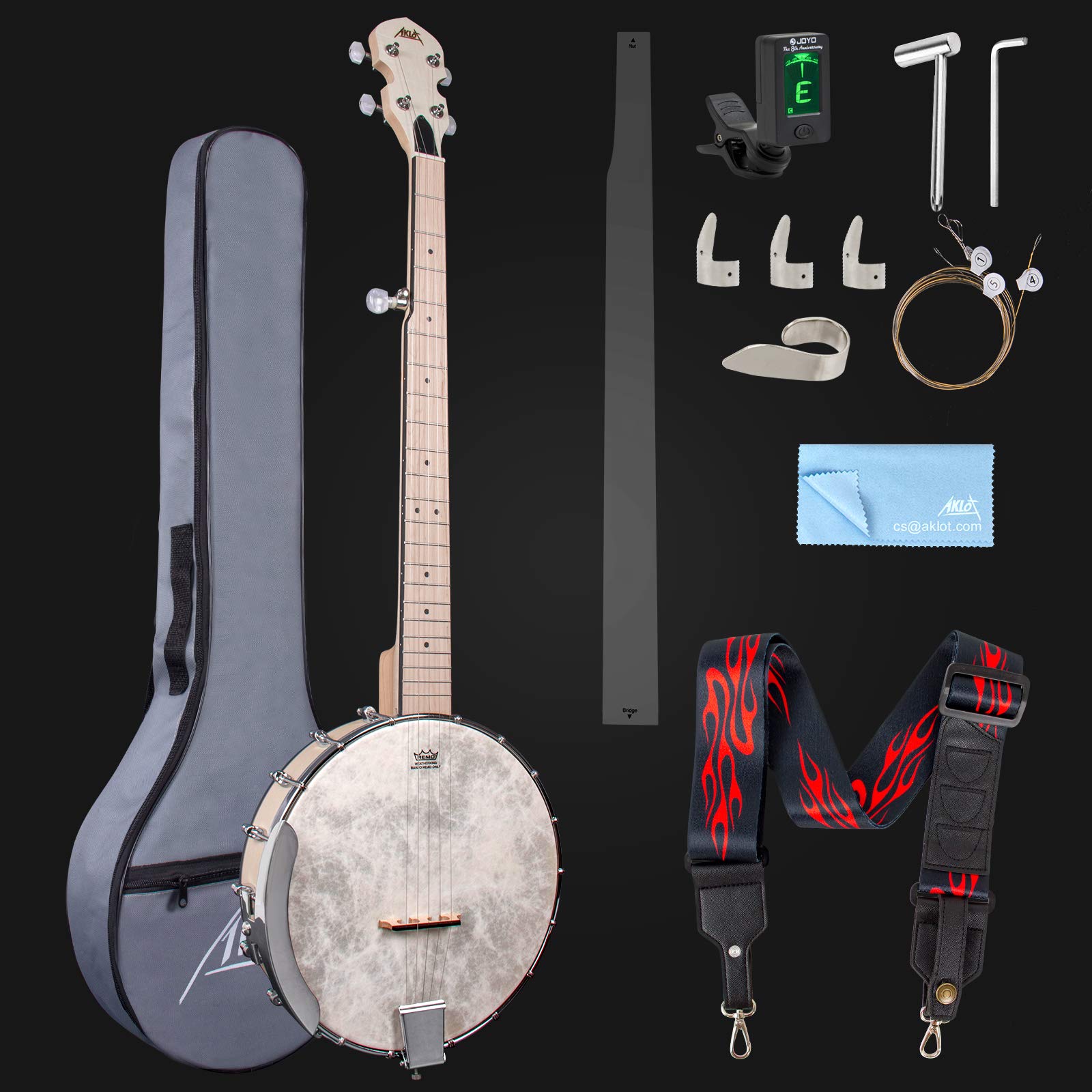 AKLOT 5-String Full Size Open Back Banjo - Professional Maple Body with Remo Head, Adjustable Neck - Includes 2 Tuning Wrenches, 4 Picks, Strings, Digital Tuner, Strap, Ruler & Cleaning Cloth with Gig Bag - Perfect for Beginners & Professionals - Ideal for Bluegrass, Folk Music & Live Performances