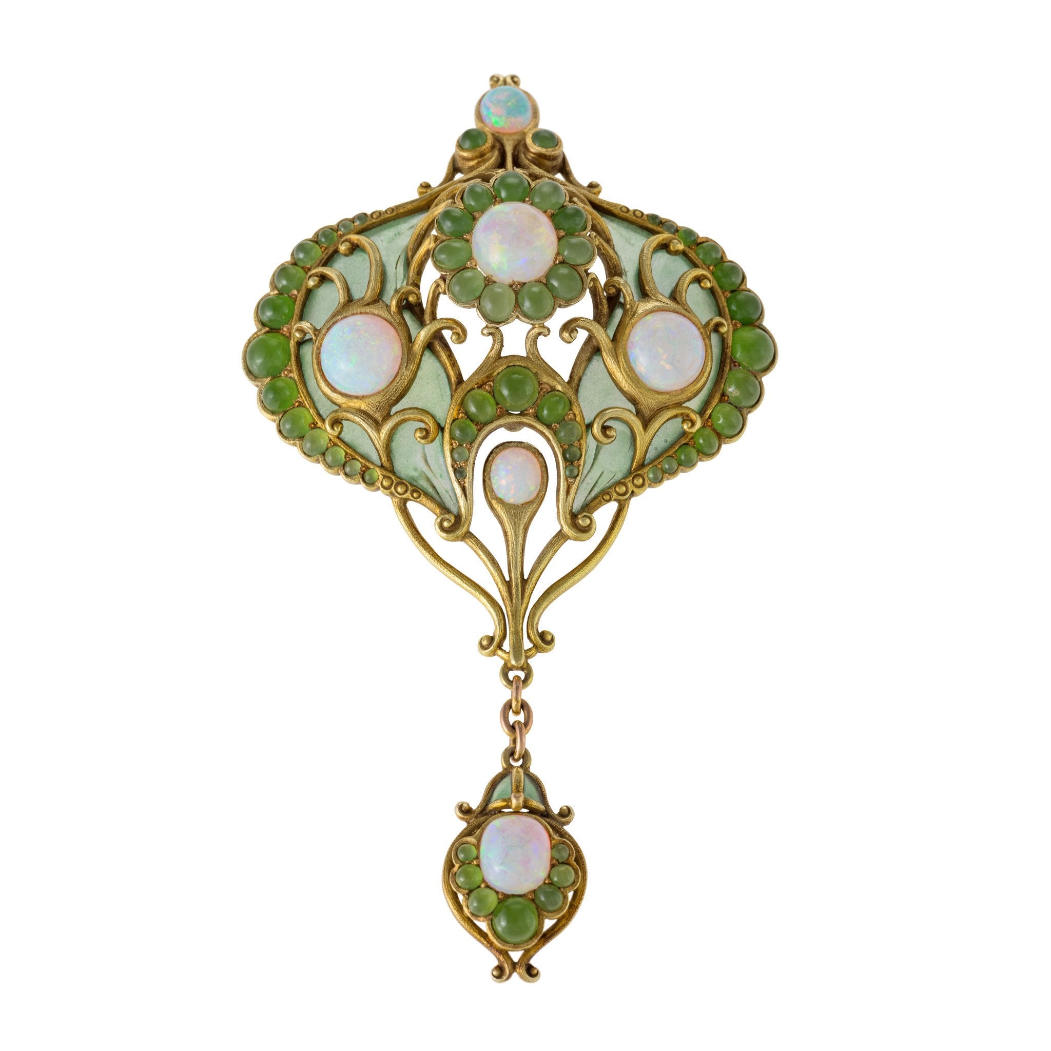 Marcus & Co. Opal, Chrysoprase & Plique-à-Jour Enamel Vintage Brooch Pin - Elegant Jewelry for Women, Perfect for Weddings, Parties & Special Occasions