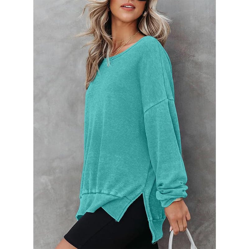 Women's Oversized Waffle Knit Sweatshirt - Split Hem Long Sleeve Crewneck Pullover | Casual Loose Fit Top for Fall, Winter & Layering