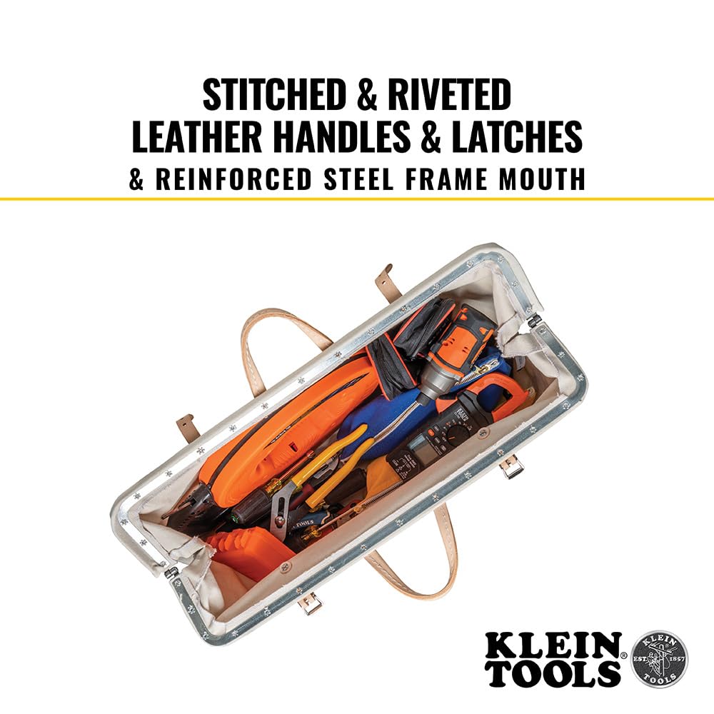 Klein Tools 5102-24 Heavy Duty Canvas Tool Bag - 24-Inch Professional Tool Tote with Wide Hinged Opening & Leather Handles - Ideal for Electricians, Contractors & DIY Projects