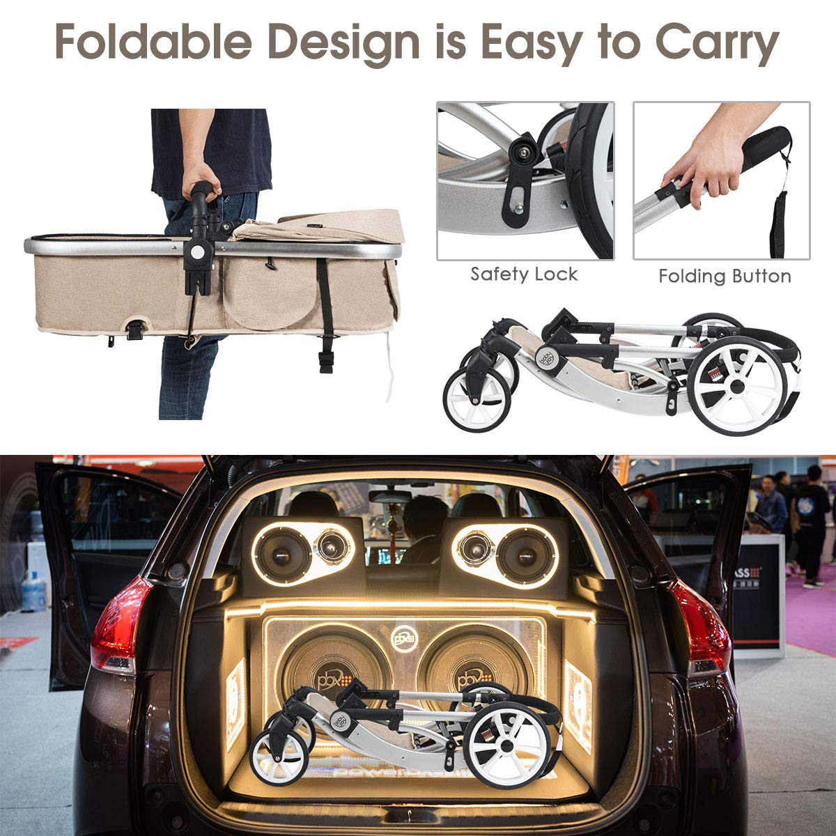 Honey Joy Baby Stroller - Convertible Infant Bassinet with Adjustable Canopy & Backrest, Foldable Newborn Carriage with Storage Basket & Foot Cover (Beige) | Perfect for Walks, Shopping & Travel