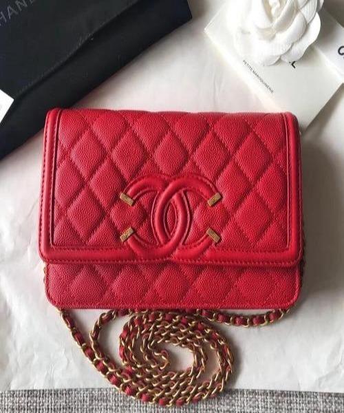 Chanel Wallet On Chain WOC CC Filigree Red Grained Calfskin Crossbody Bag - Luxury Designer Handbag for Women, Perfect for Evening Parties & Date Nights
