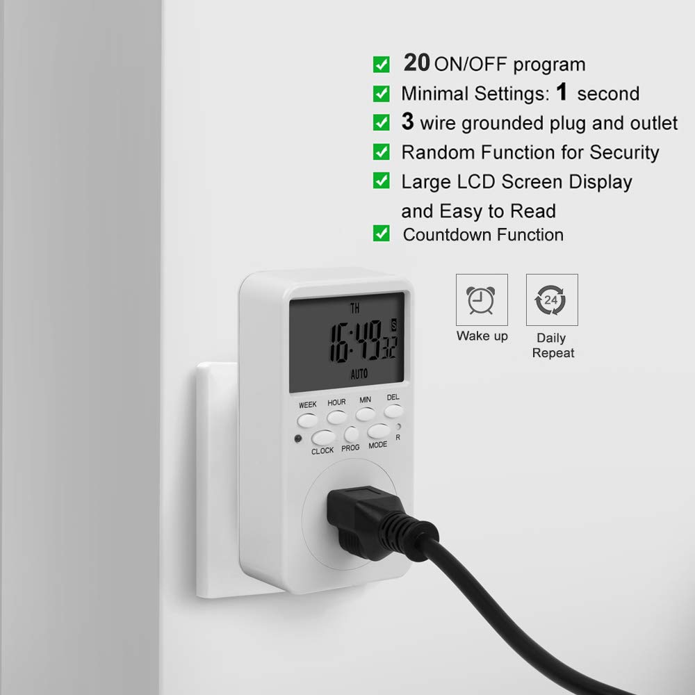 CANAGROW 7-Day Digital Programmable Outlet Timer - Indoor Electrical Timer for Lights & Appliances, 15A/1800W Heavy Duty, 3-Prong Wall Plug - Perfect for Grow Lights, Holiday Decorations & Home Automation