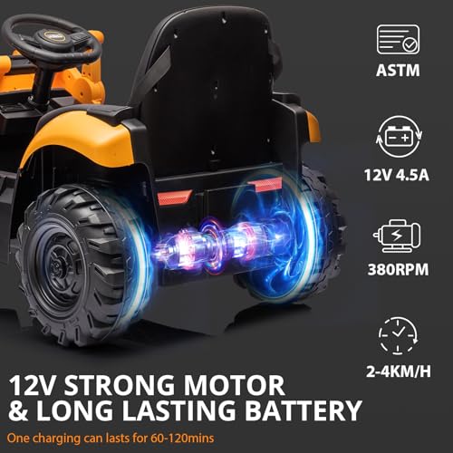 GARVEE 4-in-1 Kids Ride-On Tractor Toy with Excavator, Bulldozer & Front Loader - 12V Battery Powered, Parent Remote Control, Removable Play Tent, Horn & EVA Wheels - Yellow Outdoor Play Vehicle for Toddlers Ages 2-5 Years
