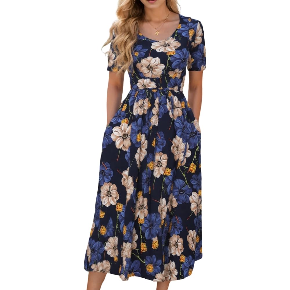 Women's Boho Floral Midi Dress - Short Sleeve Crew Neck Casual Summer Dress for Beach Vacation & Outdoor Activities | Akivide Spring Summer Dresses 2025
