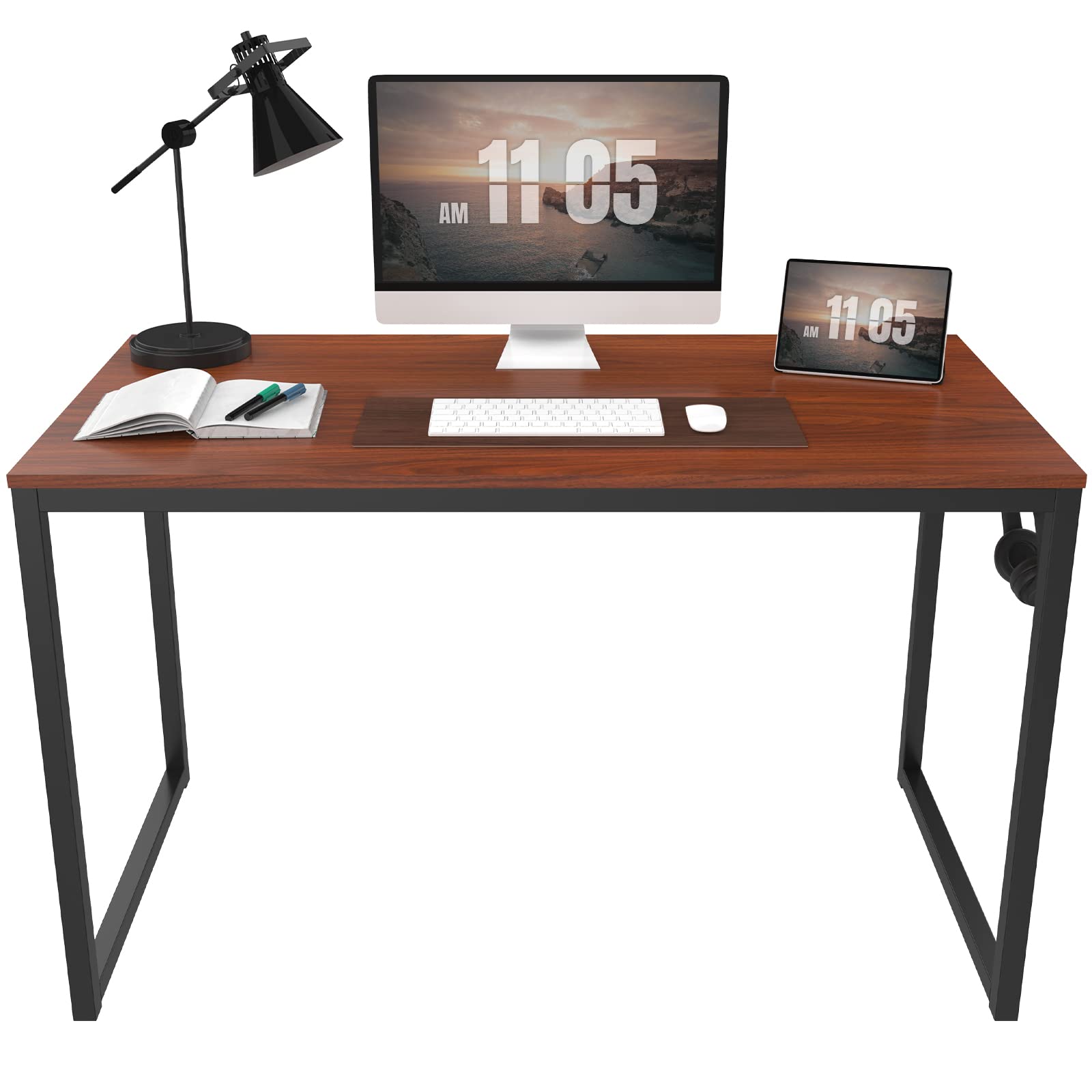 SANODESK 47 Inch Modern Computer Desk - Sturdy Writing Table for Home Office, Study & Workstation with Iron Hook - Space-Saving Mahogany Design for Small Rooms & Apartments