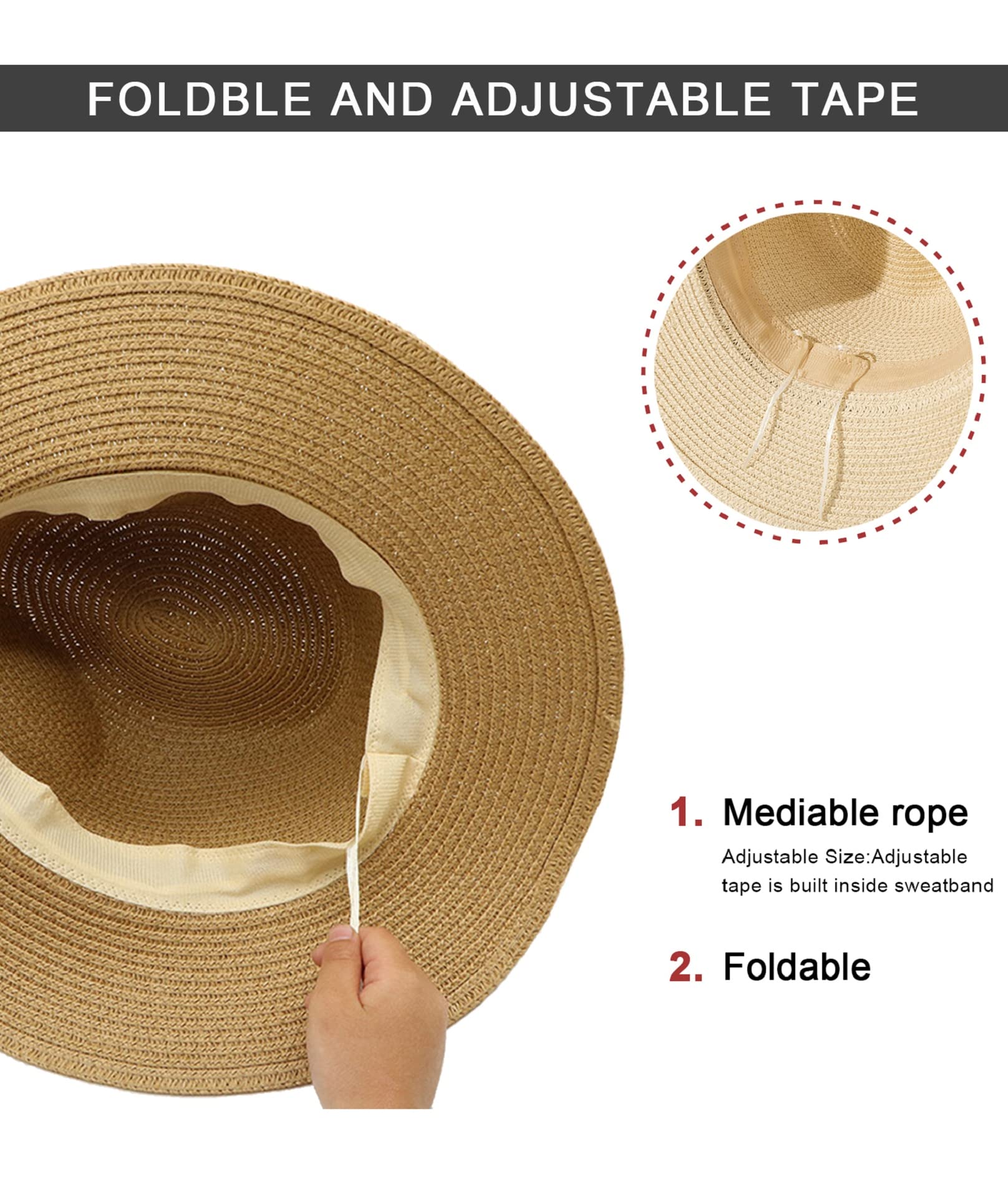 Yutdeng Panama Hat for Women & Men - Wide Brim Summer Sun Hat, Foldable Straw Fedora Cap, Adjustable Roll-Up Beach Hat for Travel, Outdoor, and Fashion | Perfect for Beach Vacations, Pool Parties & Summer Adventures