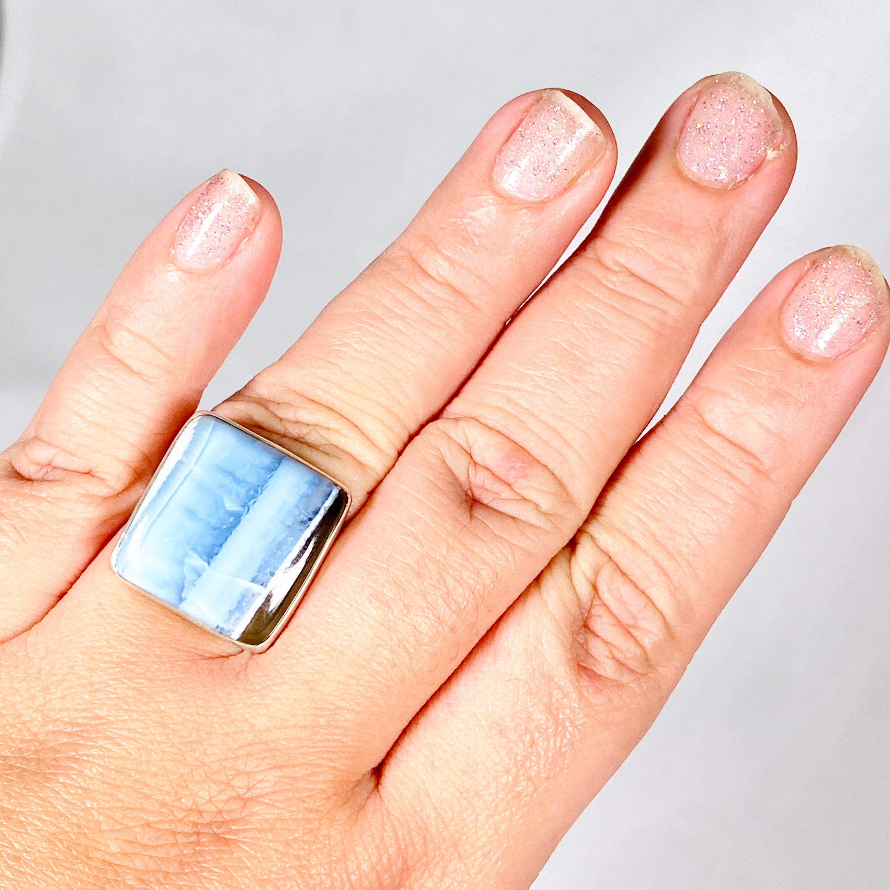 Owyhee Blue Opal Square Ring Size 11 - Handmade Sterling Silver Jewelry for Women, Unique Gemstone Gift for Her - Perfect for Weddings, Anniversaries & Special Occasions