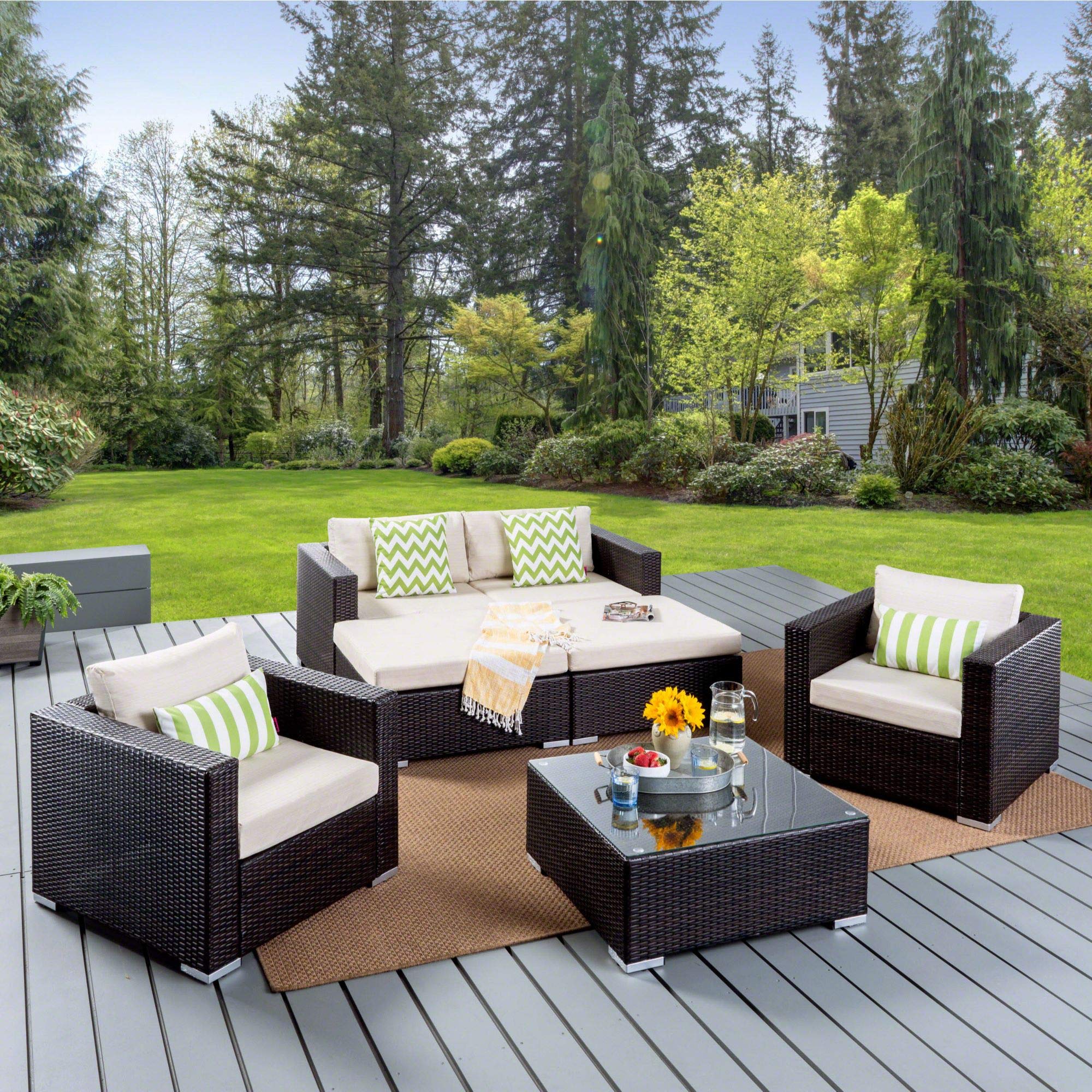 7-Piece Chocolate Brown Wicker Outdoor Patio Furniture Set with Beige Cushions - Modern Rattan Conversation Sofa for Garden, Poolside & Backyard Relaxation