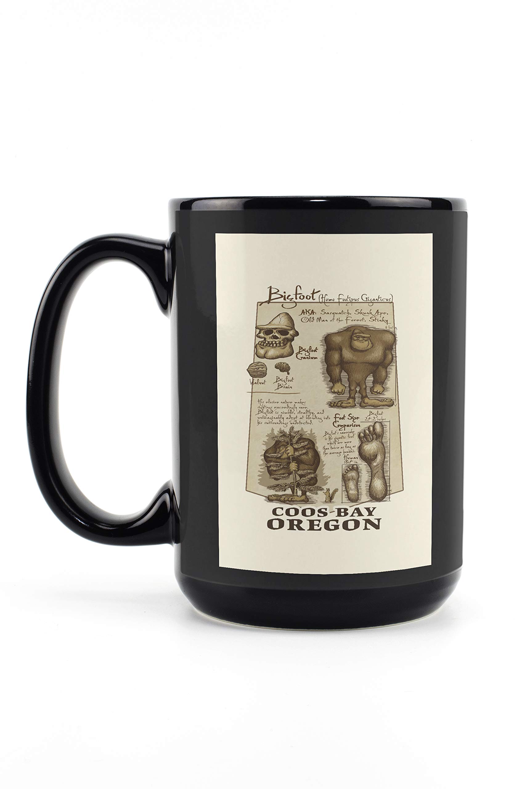 Bigfoot da Vinci Contour 15oz Black Ceramic Coffee Mug - Oregon Coos Bay Themed - Dishwasher & Microwave Safe - Perfect for Home, Office & Camping