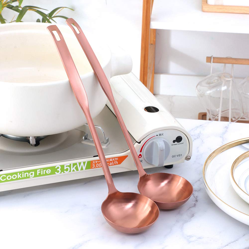 Premium 2-Piece Rose Gold Soup Ladle Set - Long Handle Stainless Steel Slotted Spoons for Cooking, Serving & Hotpot | Durable Kitchen Utensils for Soup, Stew & Pasta