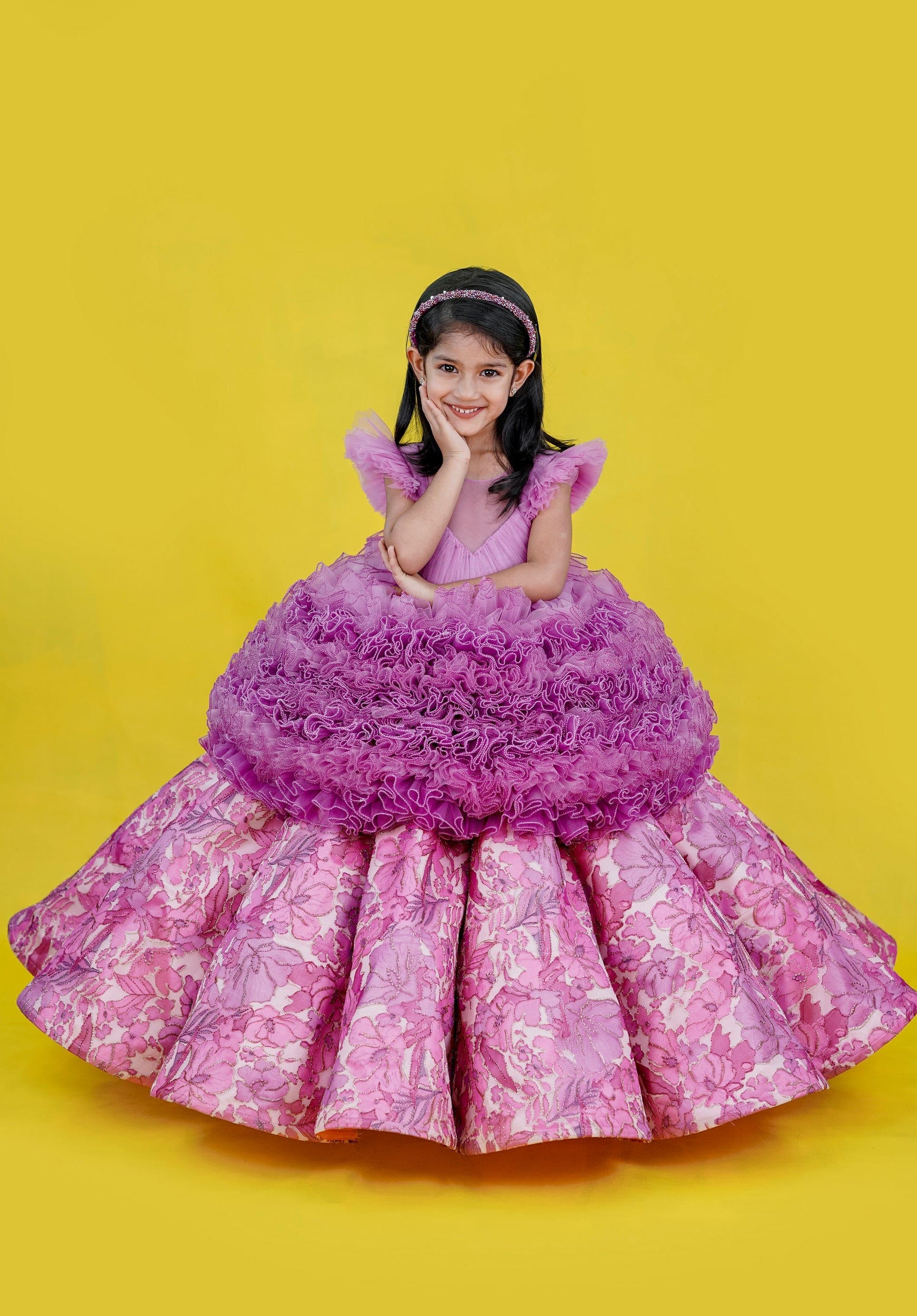 Pre Order: Elegant Lilac & Onion Pink Printed Panel Gown - Perfect for Weddings, Prom & Special Occasions