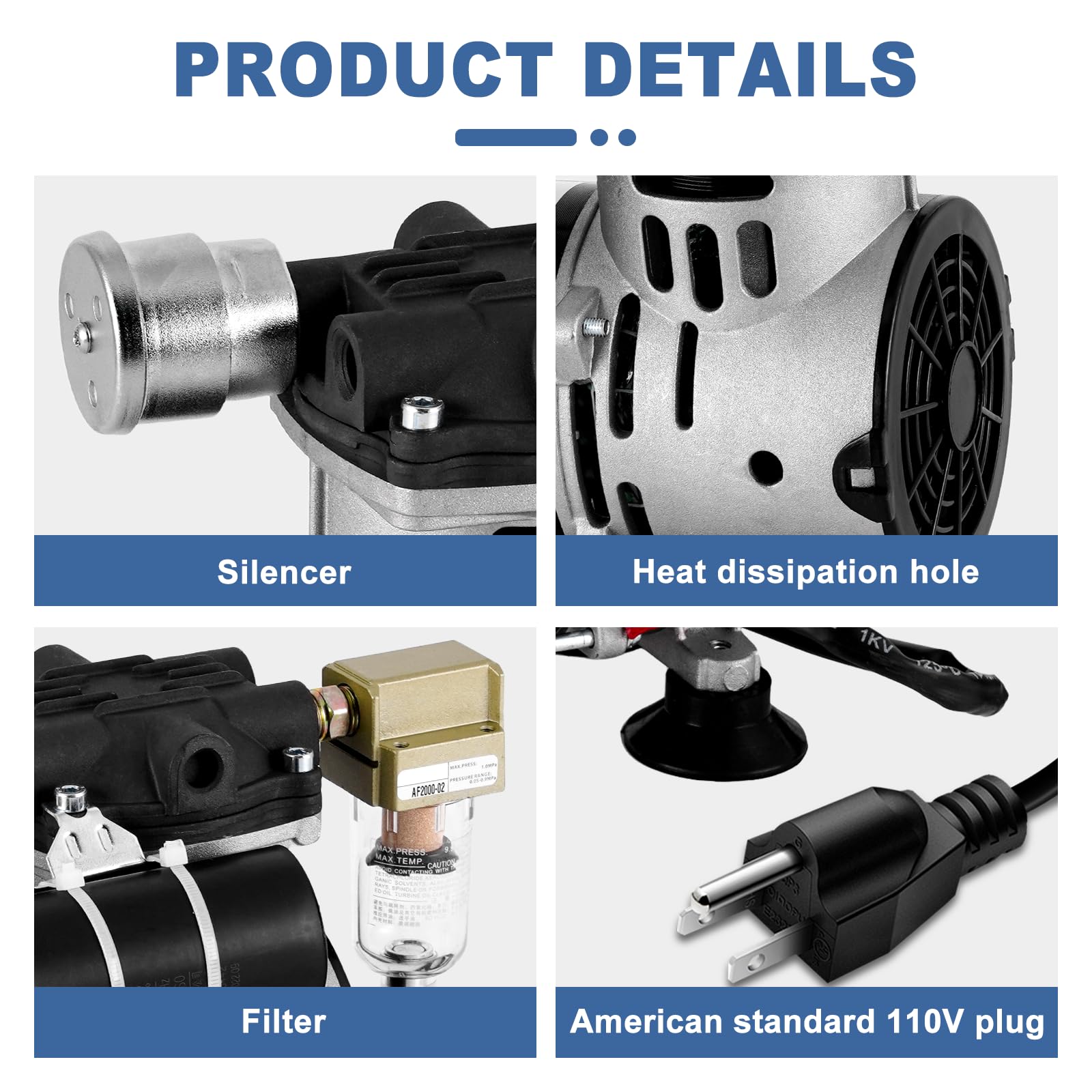 MXBAOHENG Oil-Free Vacuum Pump 2.47CFM 70L/min -91kPa Lab Piston Pump (110V) - Quiet Operation for Laboratories, Dental Offices & Scientific Research