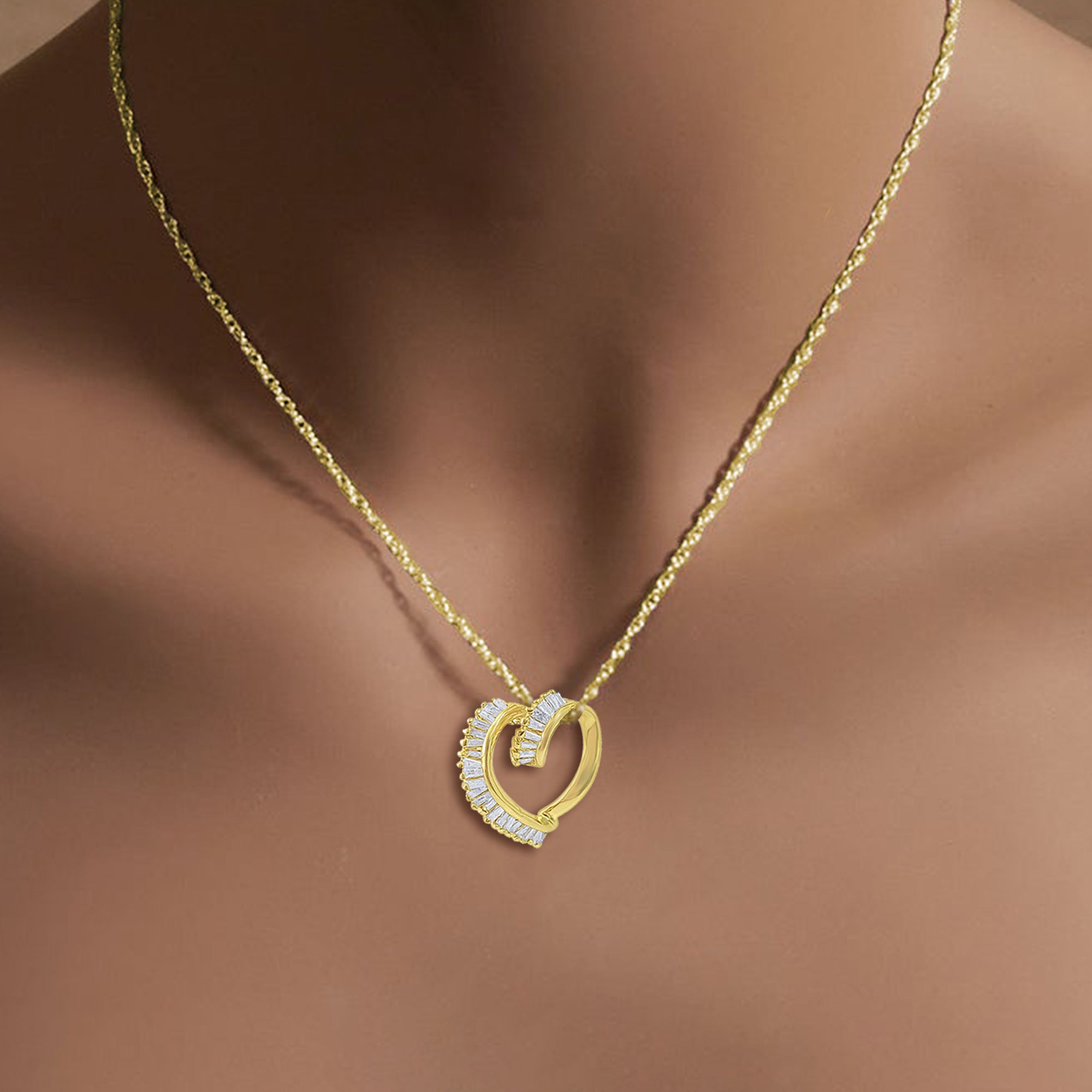 14K Yellow Gold Floating Diamond Baguette Heart Shaped Necklace - Elegant Valentine's Gift for Her, Anniversary Jewelry, Romantic Date Night Accessory
