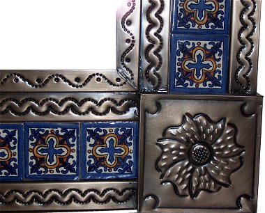 Handmade Big Brown Escudo Talavera Tile Tin Mirror - Authentic Mexican Wall Decor for Bathroom, Kitchen, or Living Room