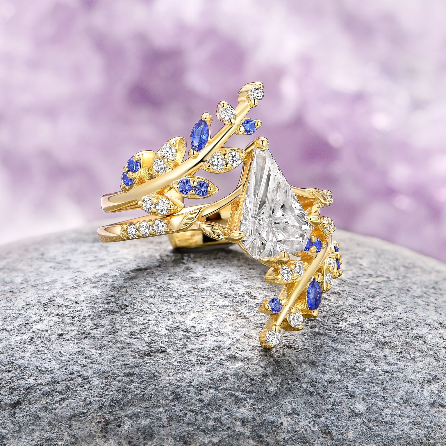 14K Yellow Gold Vermeil Fantasy Shield Cut Diamond & Blue Sapphire Leaf Ring Set - Elegant Jewelry for Weddings, Anniversaries, and Special Occasions
