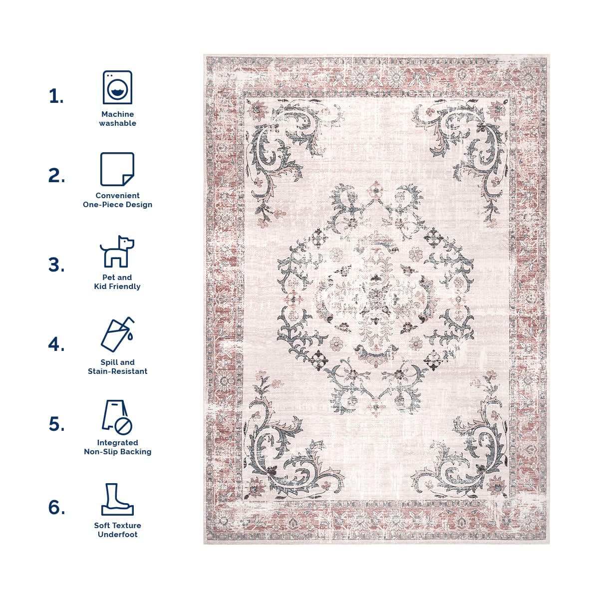 Faded Wreath Washable Rug - Light Grey Indoor/Outdoor Floor Mat for Living Room, Bedroom, or Patio Decor