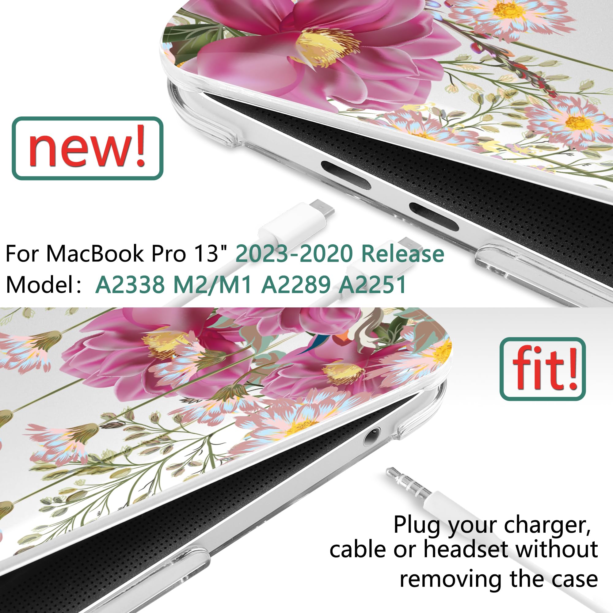 TwoL Hard Plastic Protective Case Cover for MacBook Pro 13 inch (2020-2022 Models A2338 M2/M1 A2289 A2251) with Keyboard Skin & Screen Protector - Field Flower Design | Perfect for Office, School & Travel Use