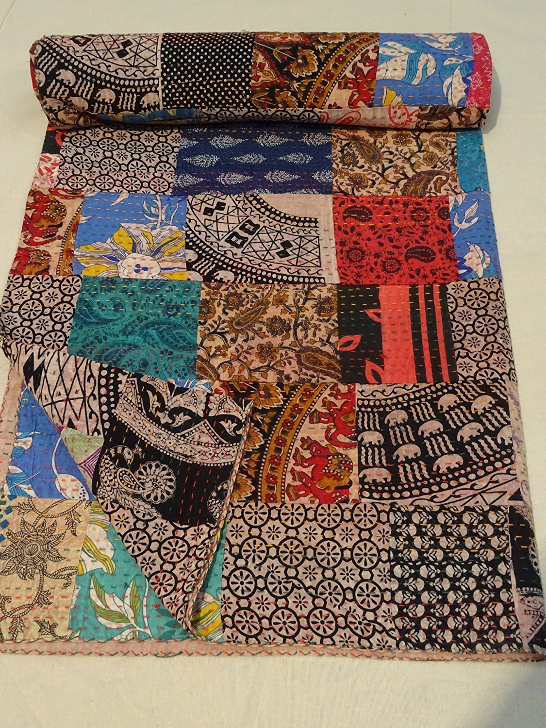 Sophia-Art Handmade Block Print Kantha Quilt - Queen Size Indian Patchwork Bedspread & Throw Blanket - Traditional Sari Quilt for Home Decor, Bohemian Bedding & Cozy Living Room Use (Multi-Color)