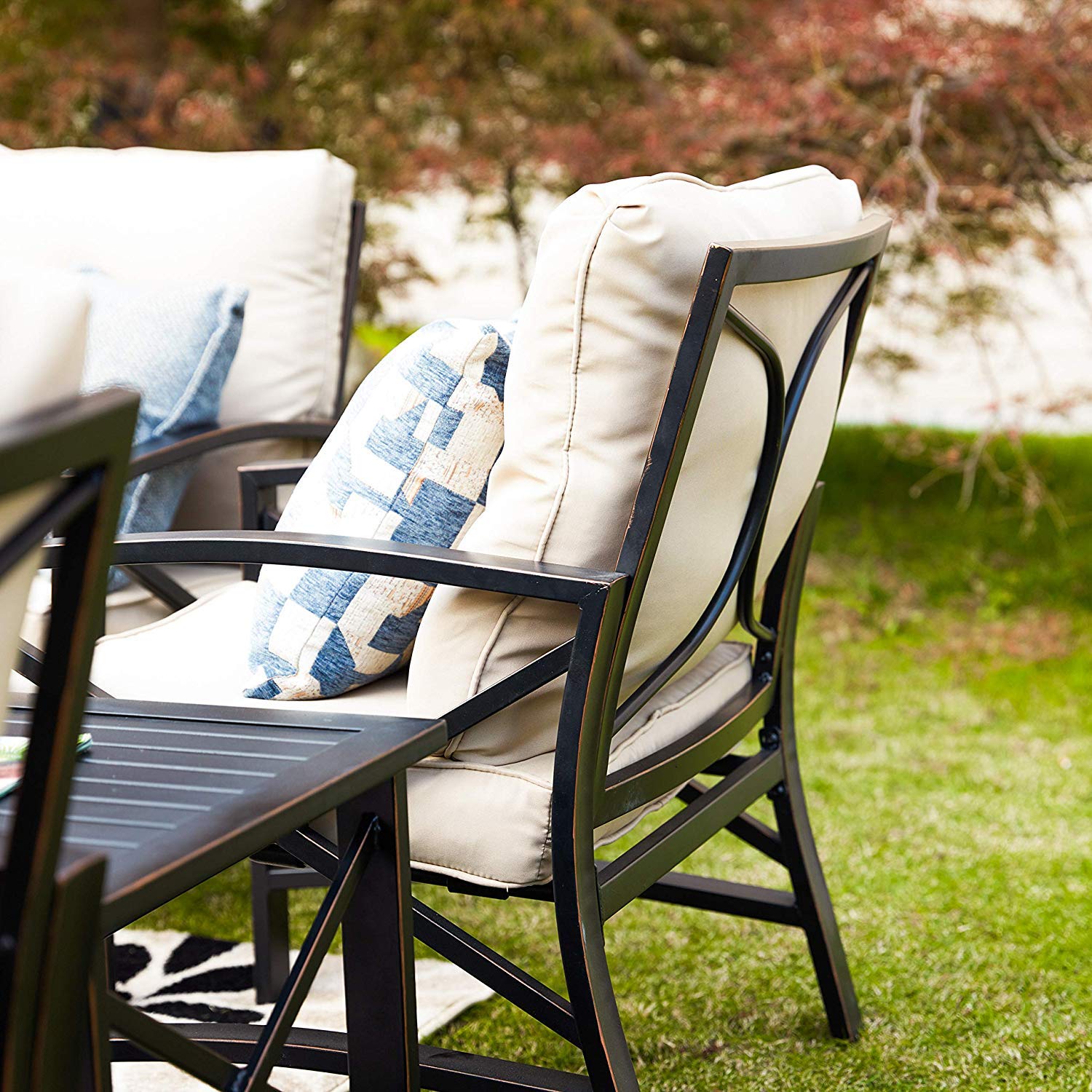 8-Piece Outdoor Patio Conversation Set with Loveseat, Cushioned Chairs, Coffee Table & Side Tables - Durable Metal Bistro Furniture for Garden, Backyard, Poolside & Terrace (Khaki)