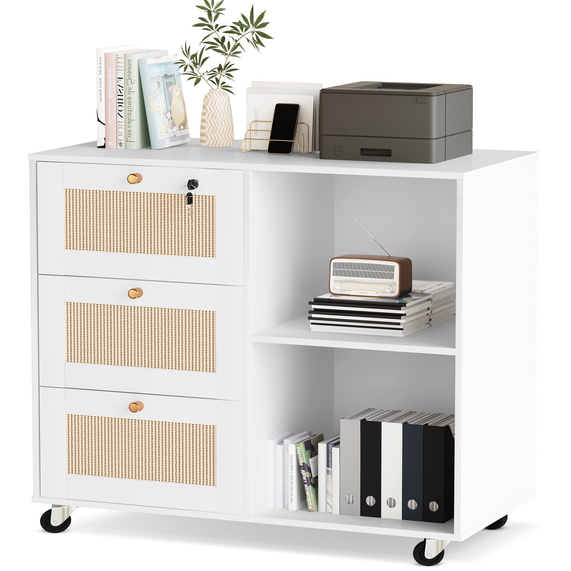 AWQM 3-Drawer Wooden Filing Cabinet with Lock - Office Storage Cabinet, Printer Stand with Open Shelves, Rattan Mobile File Organizer for Home & Office, White - Perfect for Document Storage, Printer Organization & Home Office Decor