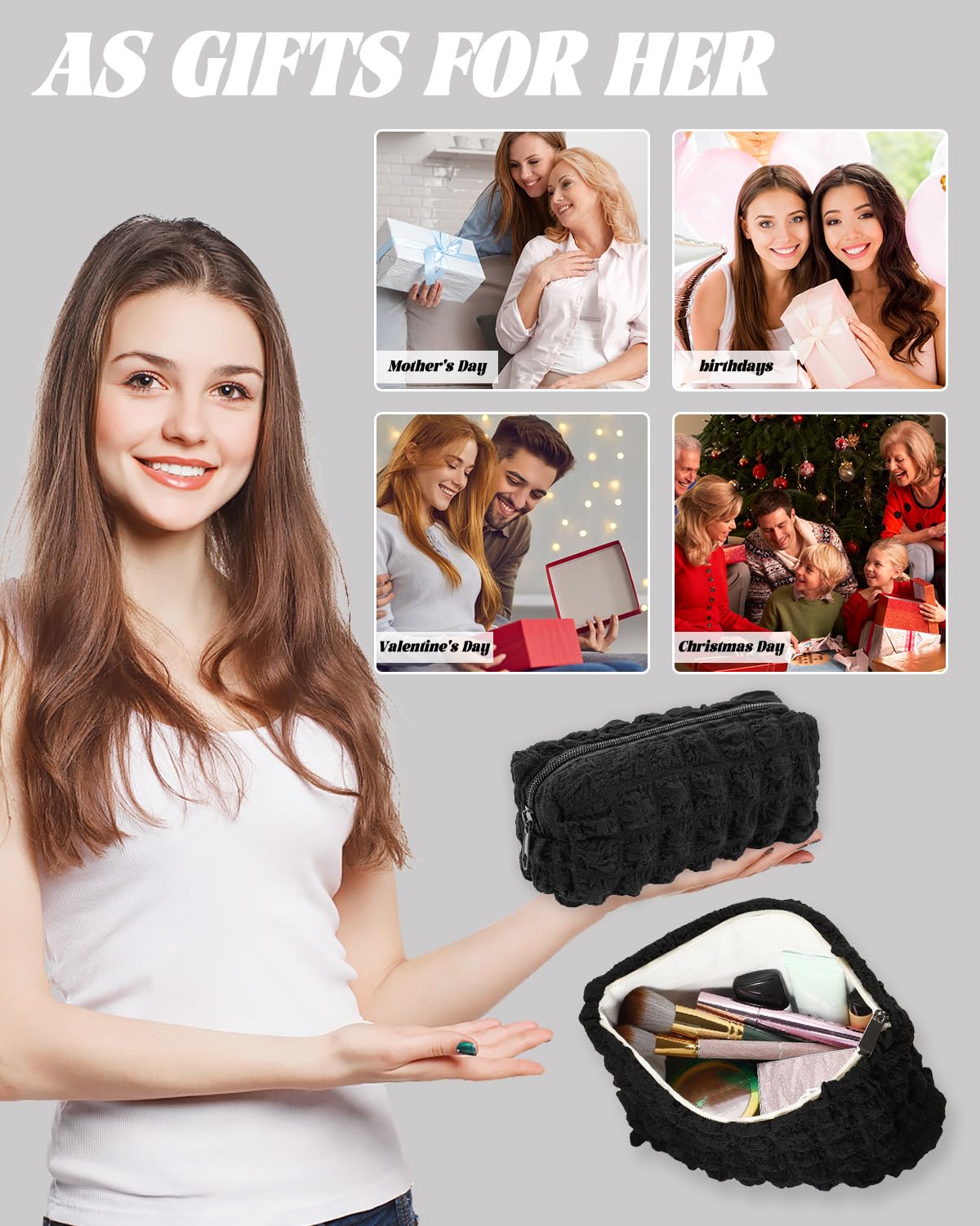 2Pcs Women's Travel Makeup Bag Set - Small Cute Cloud Checkered Cosmetic & Toiletry Pouch for Purse (Black) | Perfect Gift for Her, Ideal for Daily Use, Travel & Organization