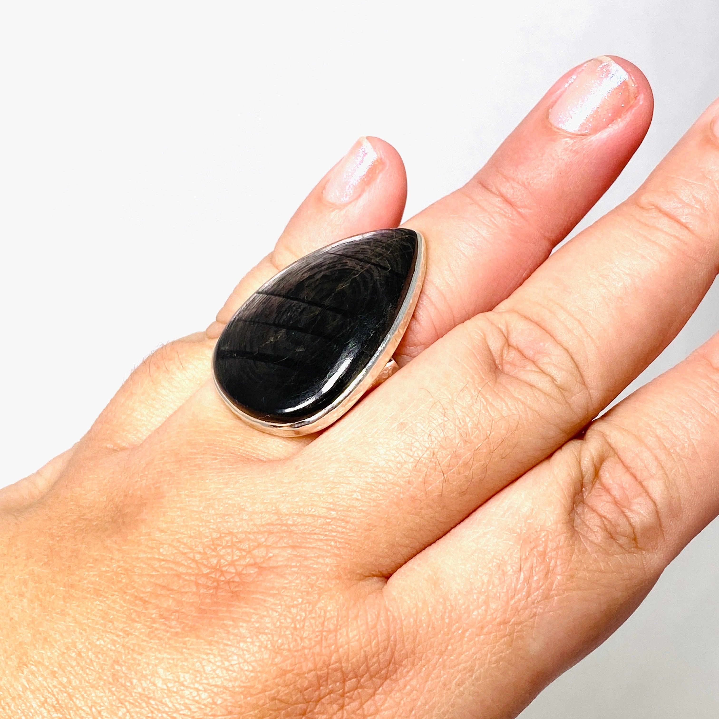 Hypersthene Teardrop Hammered Band Ring - Size 10 - KRGJ3151 | Handmade Boho Jewelry for Women, Gift for Her, Wedding, Anniversary & Everyday Wear