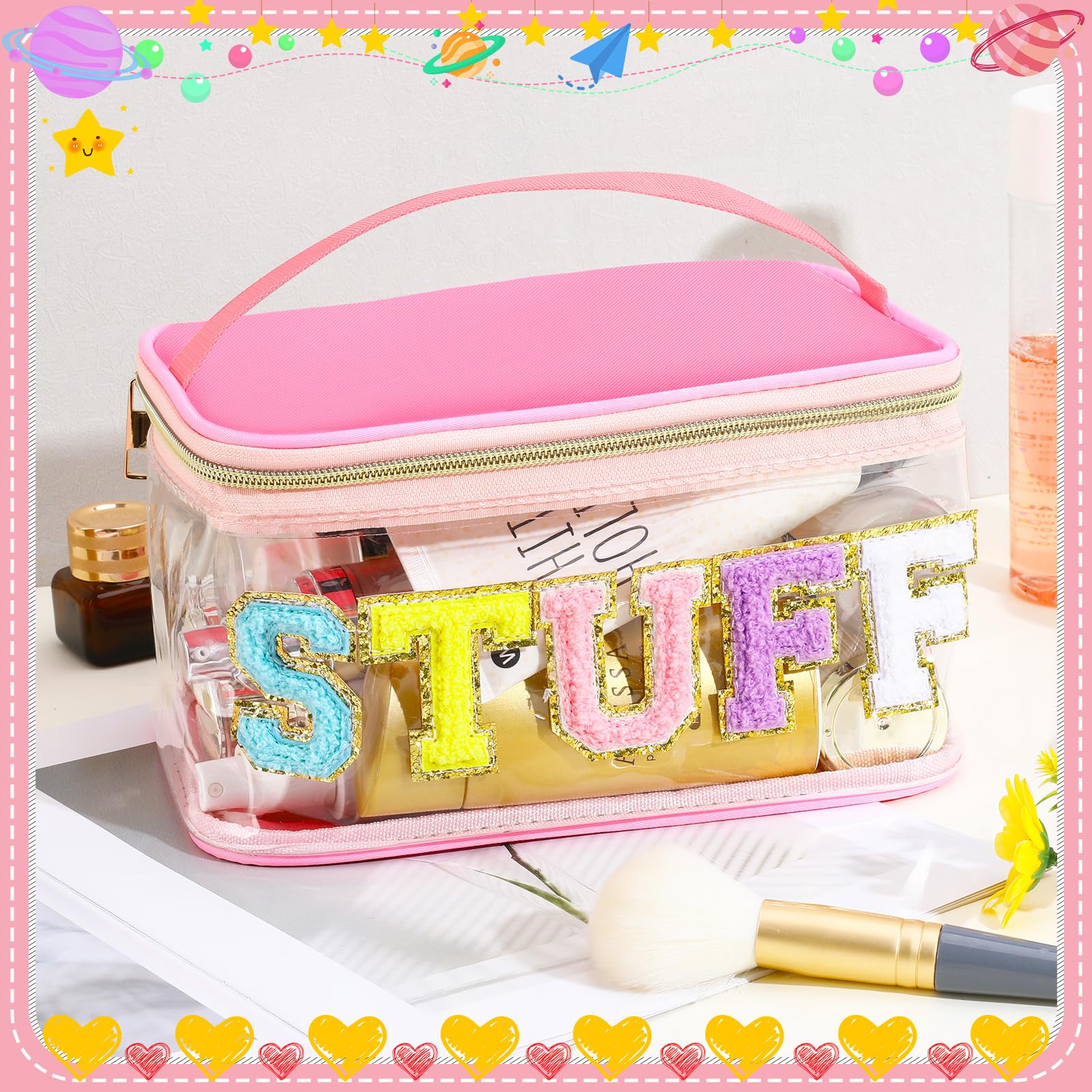 Chenille Letter Clear Makeup Bags | Preppy Pink Cosmetic Bag with Handle & Zipper | Waterproof TPU Travel Toiletry Organizer Pouch for Women & Girls | Perfect for School, Gym, Travel & Daily Essentials Storage