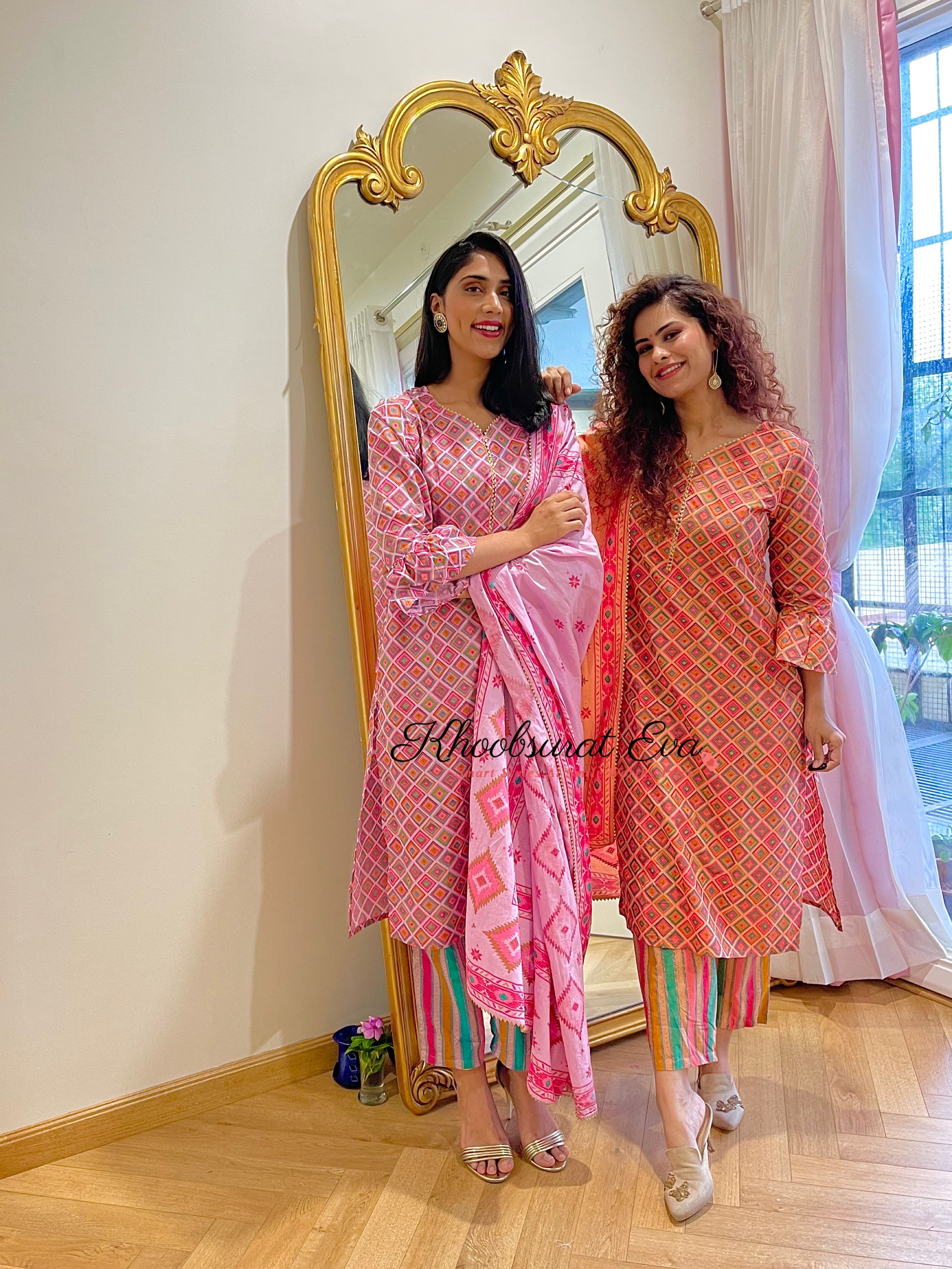 Pink Gota Cotton Printed Kurta Suit Set of 3 | Traditional Indian Ethnic Wear for Women | Perfect for Festivals, Weddings & Special Occasions