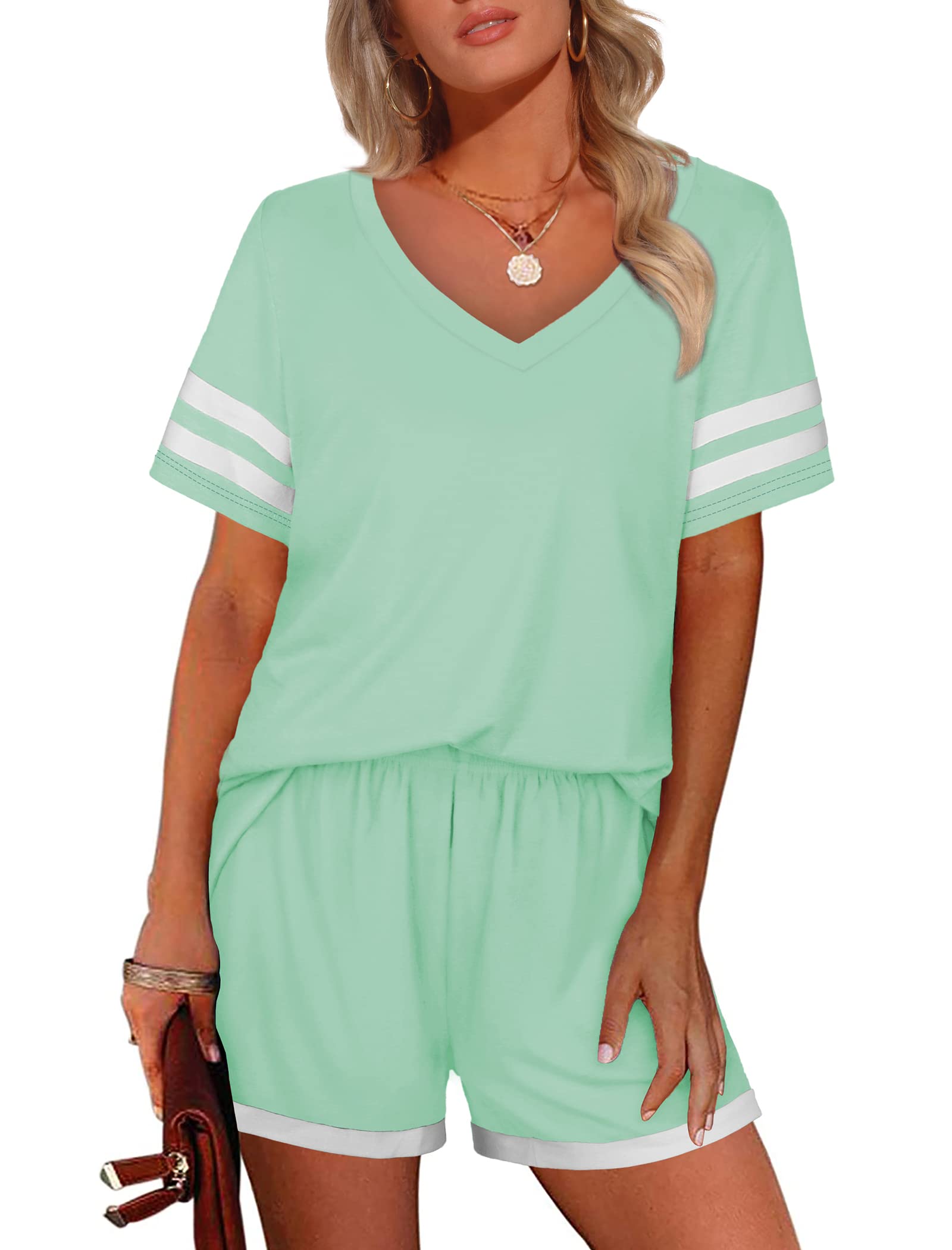 Aloodor Women's Summer Two Piece Outfit Set - Short Sleeve Top & Shorts with Pockets | Casual Lounge Wear for Home, Beach & Vacation Outfits