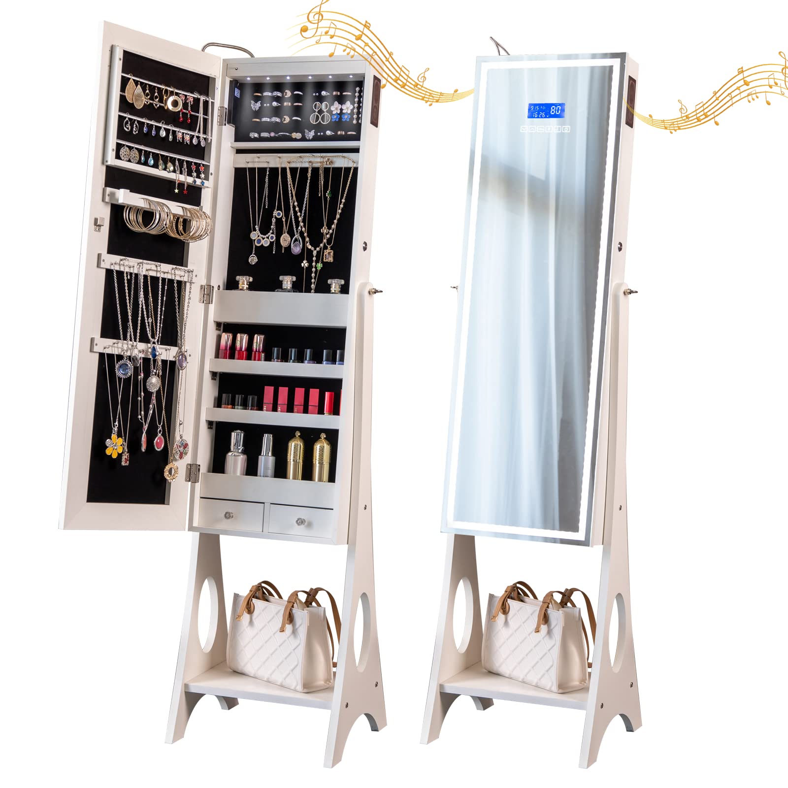 Upgraded KEDLAN Bluetooth Jewelry Organizer Cabinet with Full-Length LED Mirror - Lockable Storage for Earrings, Rings, Necklaces & Cosmetics | Perfect for Bedroom, Dressing Room & Vanity Organization (White)