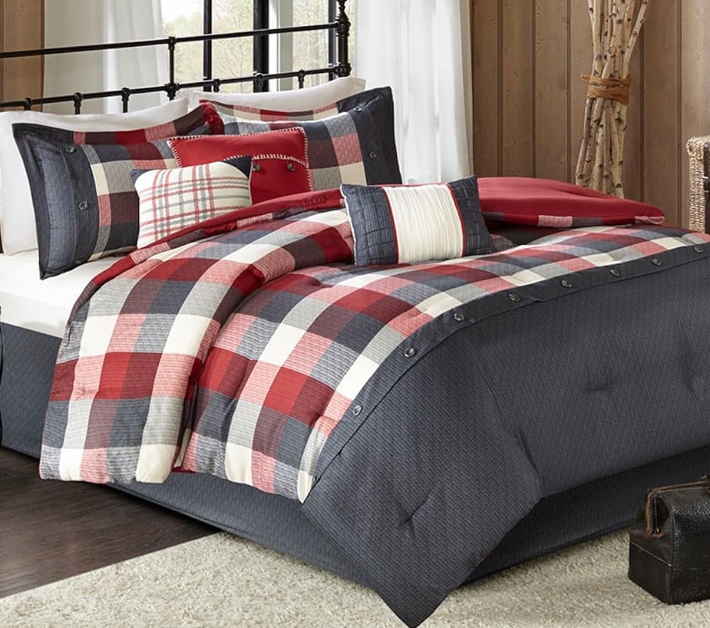 Rustic Red Plaid Buffalo Check Cal King Comforter Set - 7 Piece Farmhouse Bedding with Free Homemade Wax Melts | Cozy Country Style for Master Bedroom & Guest Room Decor