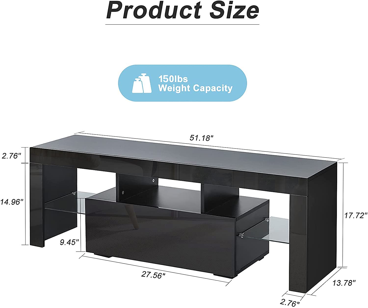 55 Inch LED TV Stand with 20 Color Lights - Black High Gloss Entertainment Center with Storage Drawer & Glass Shelf - Perfect for Gaming Setup, Living Room & Bedroom TV Console