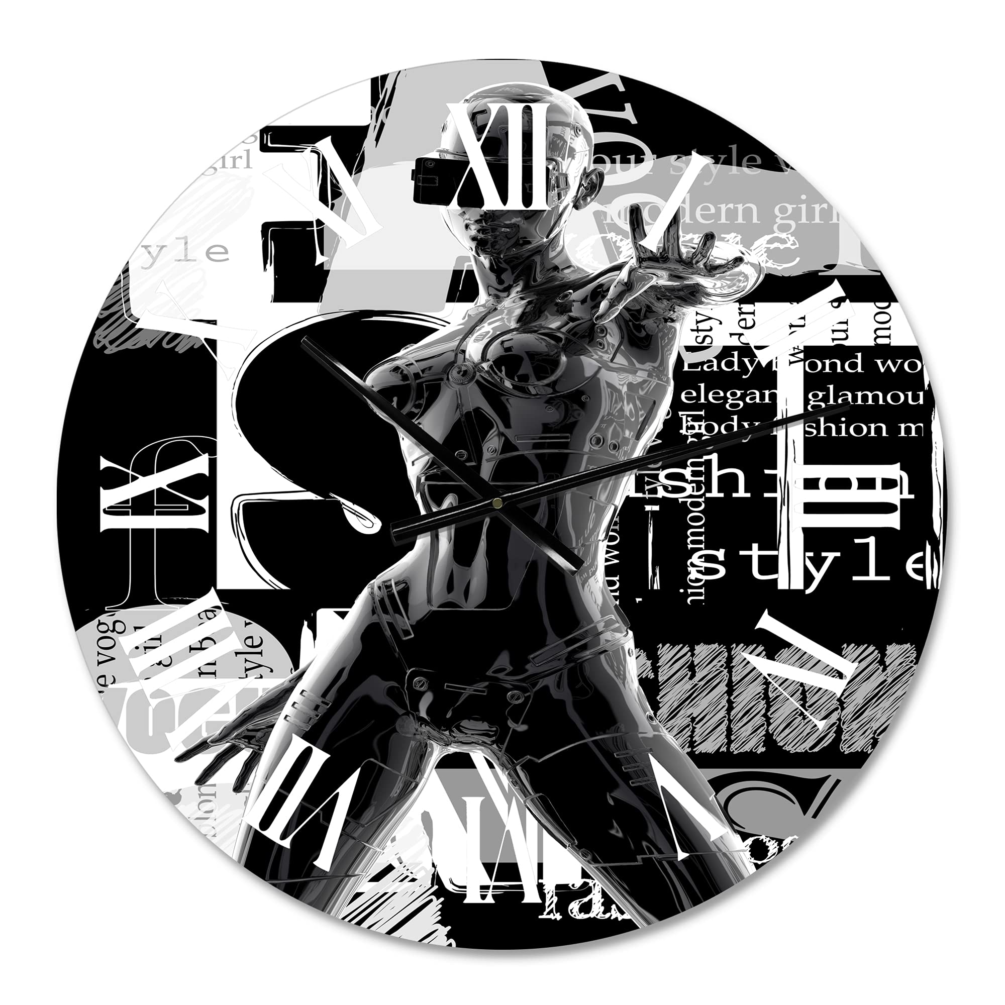 DesignQ Modern Wall Clock 'Monochrome Cyborg Body II' - Large Contemporary Wall Art for Living Room, Bedroom & Office Decor - Silent Non-Ticking Home Décor Clock (16 Inch)