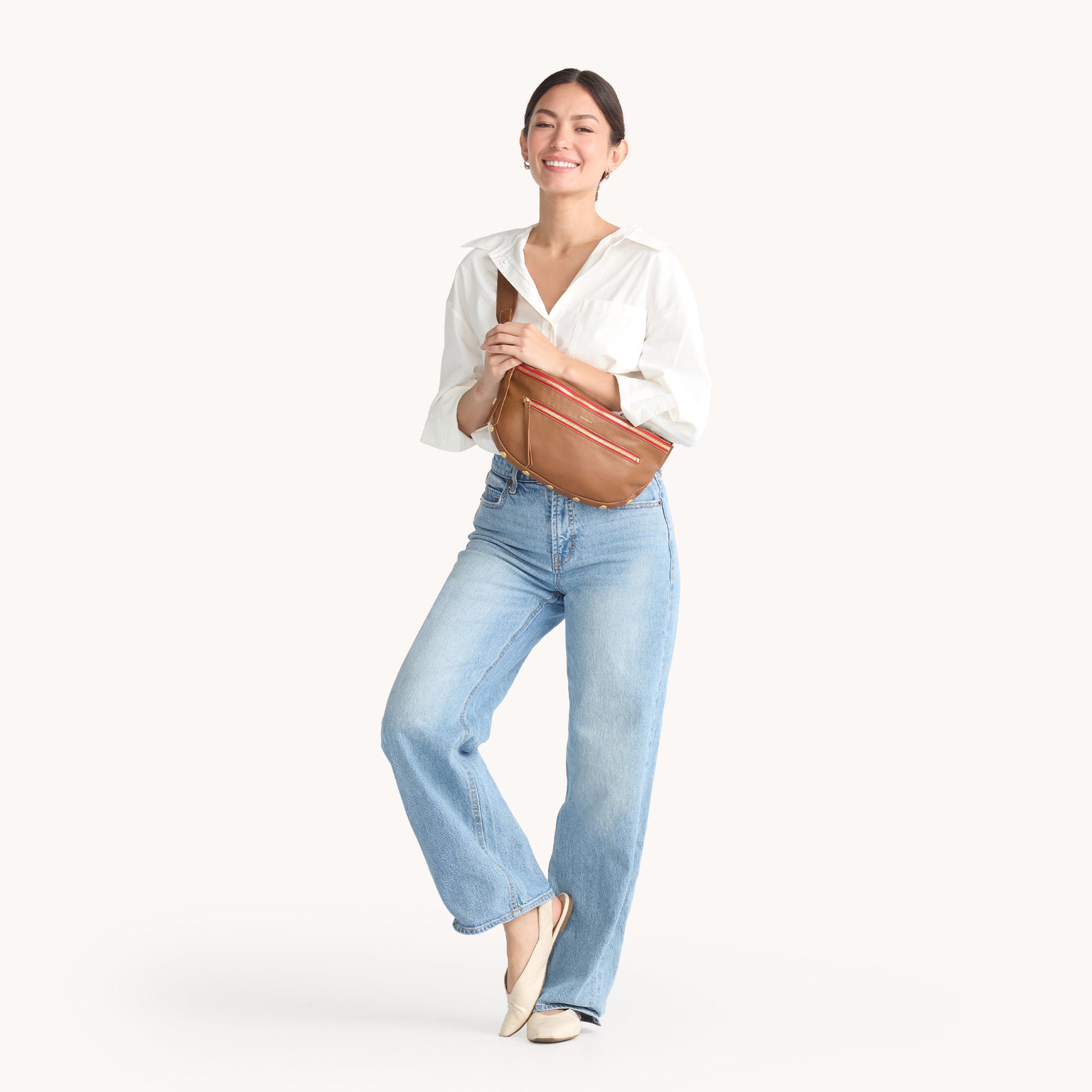 Charles Genuine Leather Crossbody Bag for Women - Mahogany Pebble with Brushed Gold Red Zip, Large Size | Perfect for Work, Travel & Everyday Use