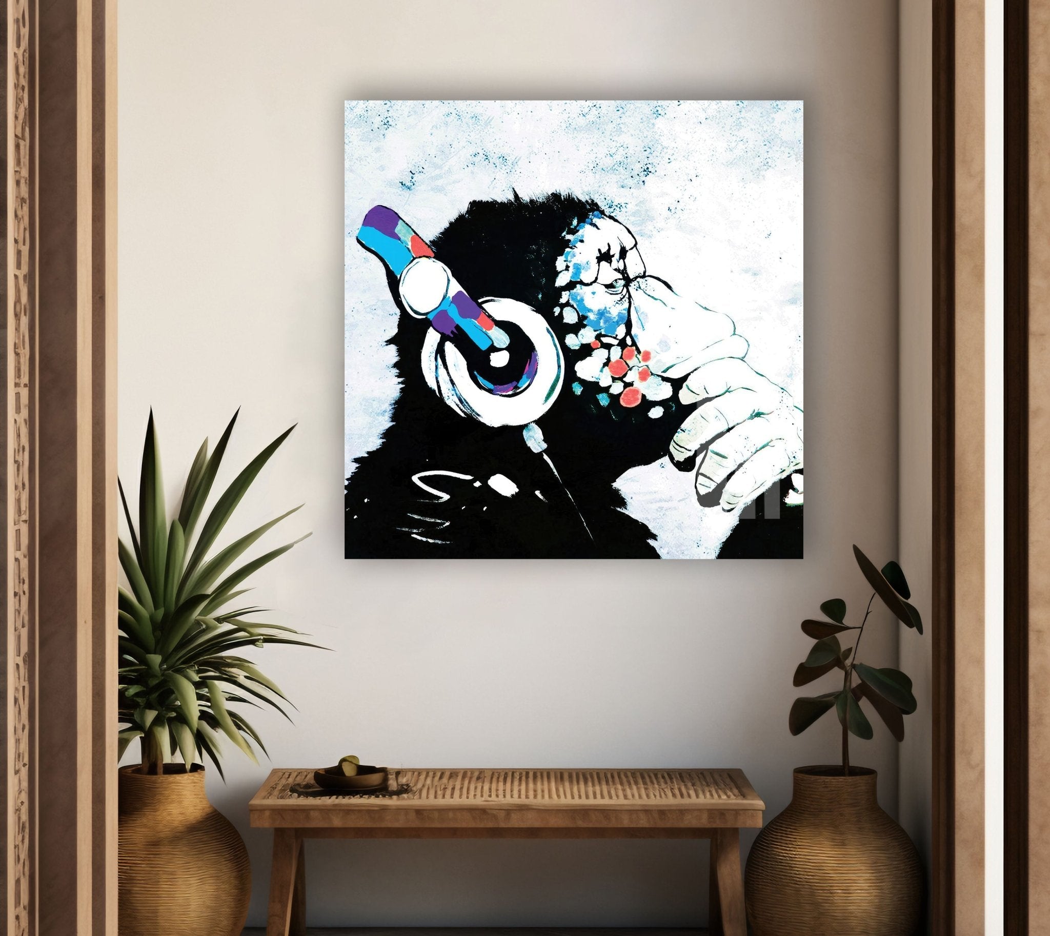 Banksy DJ Monkey Glass Wall Art - Modern Home Decor for Living Room, Bedroom & Office - Unique Street Art Gift for Music Lovers