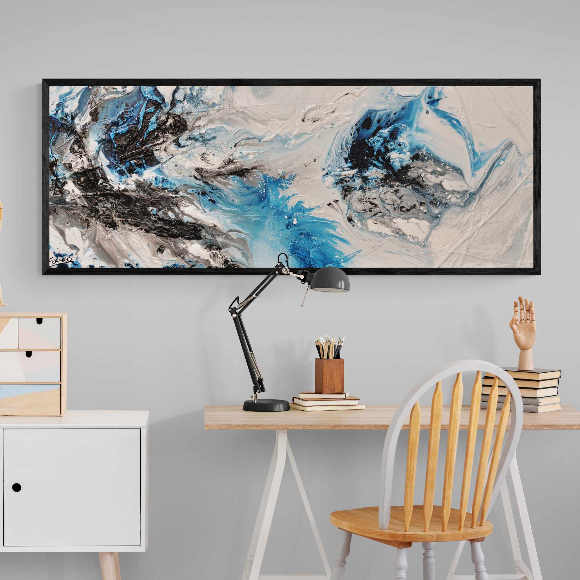 160cm x 60cm Blue and White Textured Abstract Wall Art Painting - Crushed Midnight Design for Modern Living Room & Office Decor