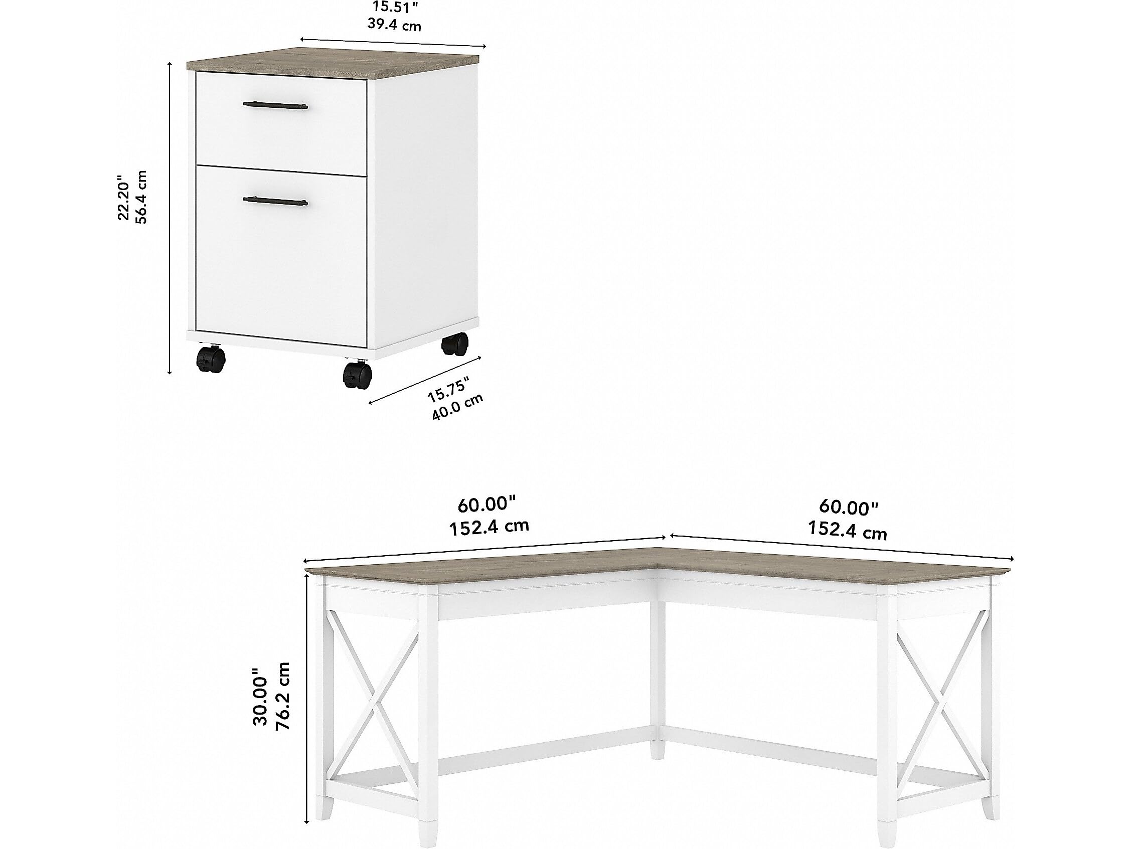 Bush Furniture Key West 60W L-Shaped Desk with 2 Drawers & Mobile File Cabinet - Pure White & Shiplap Gray | Home Office Workstation for Small Spaces & Gaming Setup