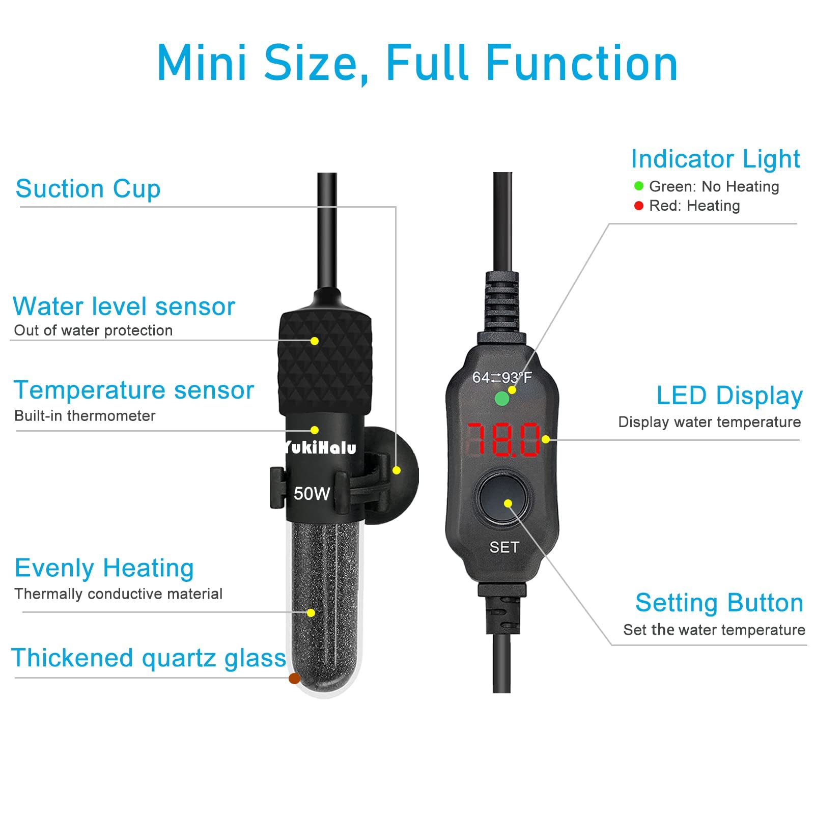 YukiHalu Small Submersible Aquarium Heater - Adjustable Mini Fish Tank Heater 25W 50W 100W 200W 300W with External Temperature Controller & LED Display for 5-60 Gallon Tanks (25W) - Perfect for Tropical Fish, Betta Tanks & Home Aquariums