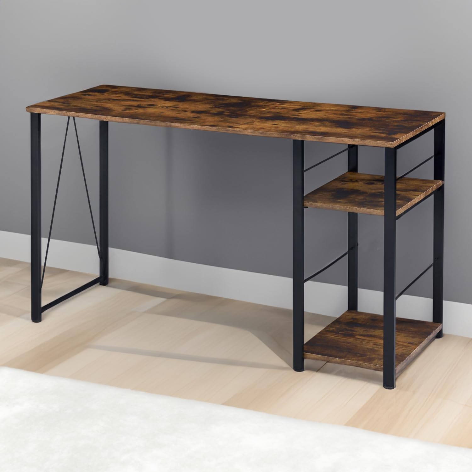 Benjara Modern Writing Desk with 2-Tier Shelves & Sturdy Tubular Metal Legs - Brown & Black Home Office Furniture for Small Spaces | Perfect for Remote Work, Study & Crafting