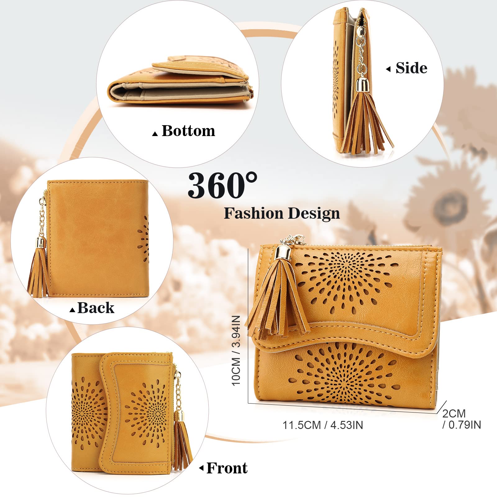 APHISON Small RFID Blocking Leather Wallet for Women - Cute Sunflower Bifold Wallet with Zipper, Tassel & ID Card Holder - Compact Yellow Coin Purse (Perfect for Everyday Use, Travel & Gift Giving)