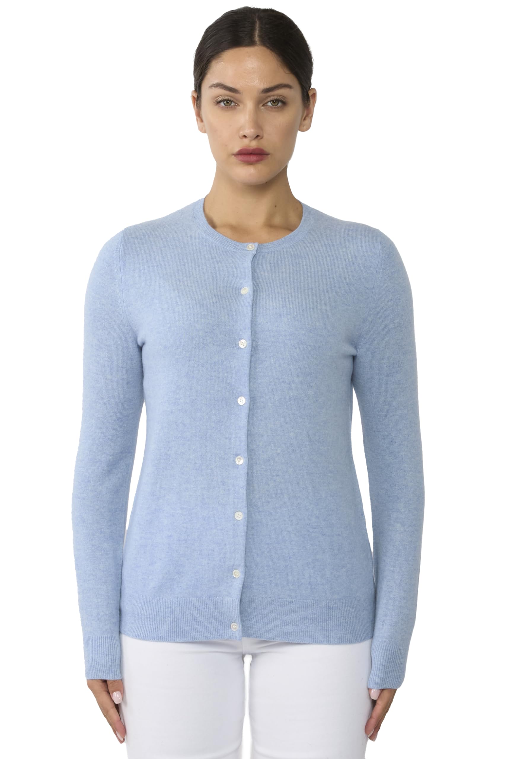 JENNIE LIU 100% Cashmere Women's Button Front Long Sleeve Crewneck Cardigan Sweater | Soft & Warm Winter Knitwear for Office, Travel & Casual Outfits