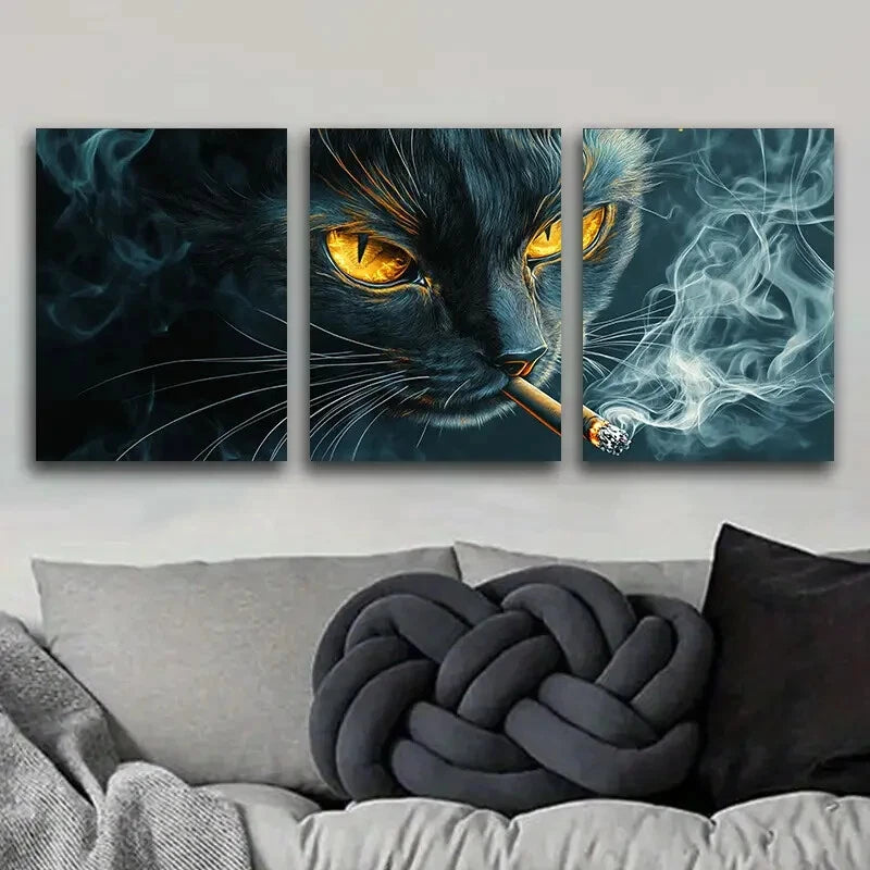 3-Piece Black Cat with Yellow Eyes Smoking Metal Wall Art - Ready to Hang Home Decor for Living Room, Bedroom, or Office