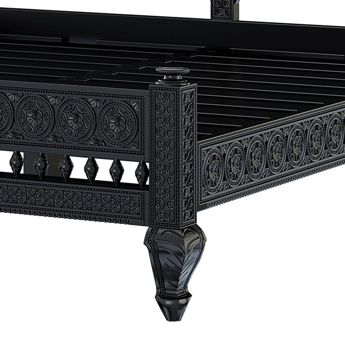 Hand Carved Indian Solid Wood Platform Bed with Mehrab Style Headboard - Floral Design for Bedroom Decor | Elegant & Durable Wooden Bed Frame