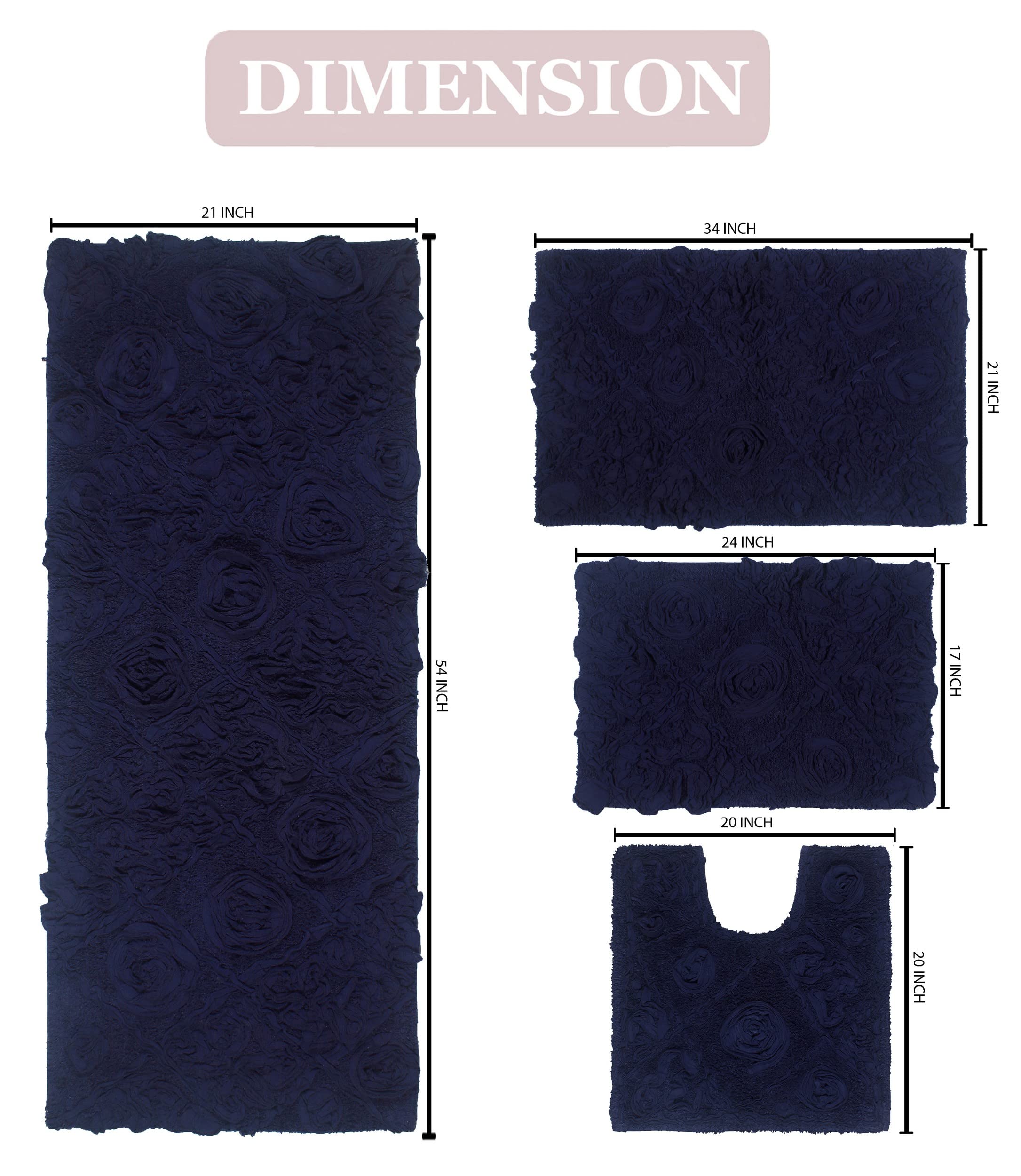 Premium 100% Cotton Bath Rug Set - Ultra Soft & Absorbent Non-Slip Bathroom Mats with Runner - Washable 4-Piece Collection for Bathroom & Kitchen Floor - Navy Blue Home Decor