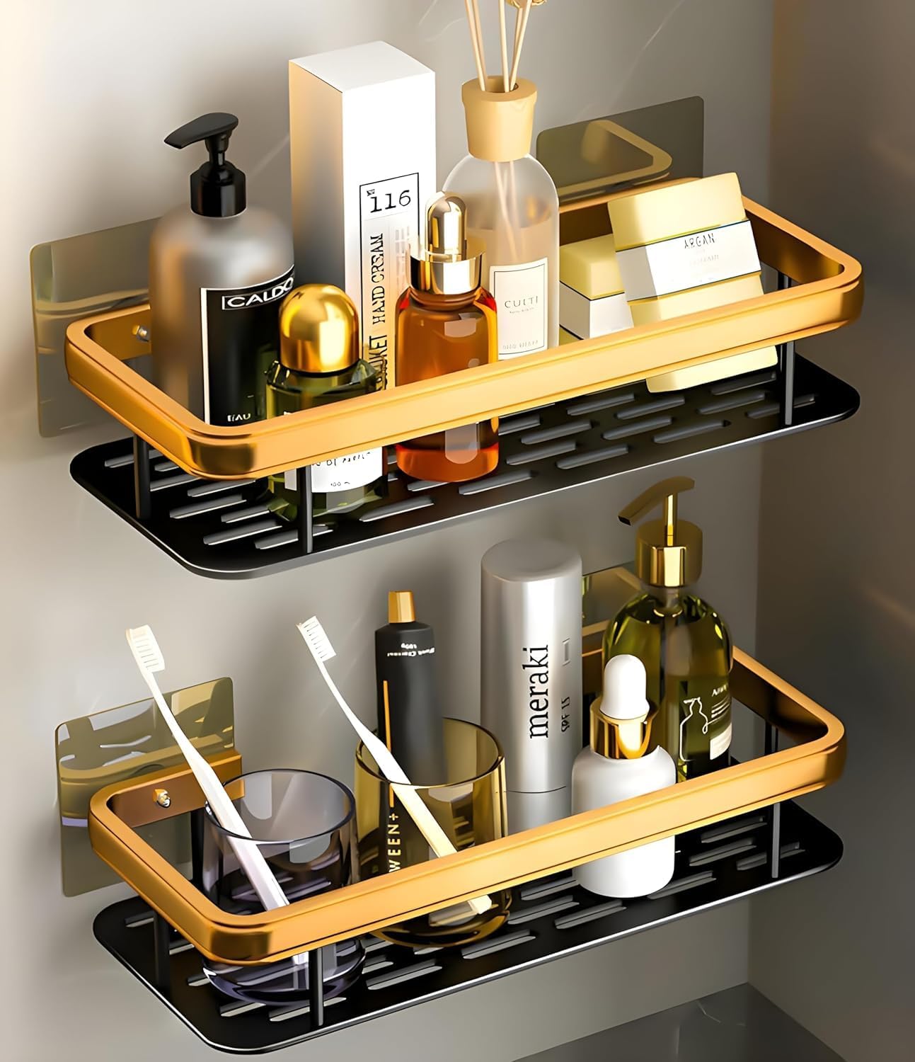 Multipurpose Self-Adhesive Aluminum Bathroom Wall Shelf Organizer - Gold (2 Pack) | Space-Saving Storage Rack for Bathroom, Kitchen, Office & Dorm | Holds Toiletries, Cosmetics, Spices & Office Supplies