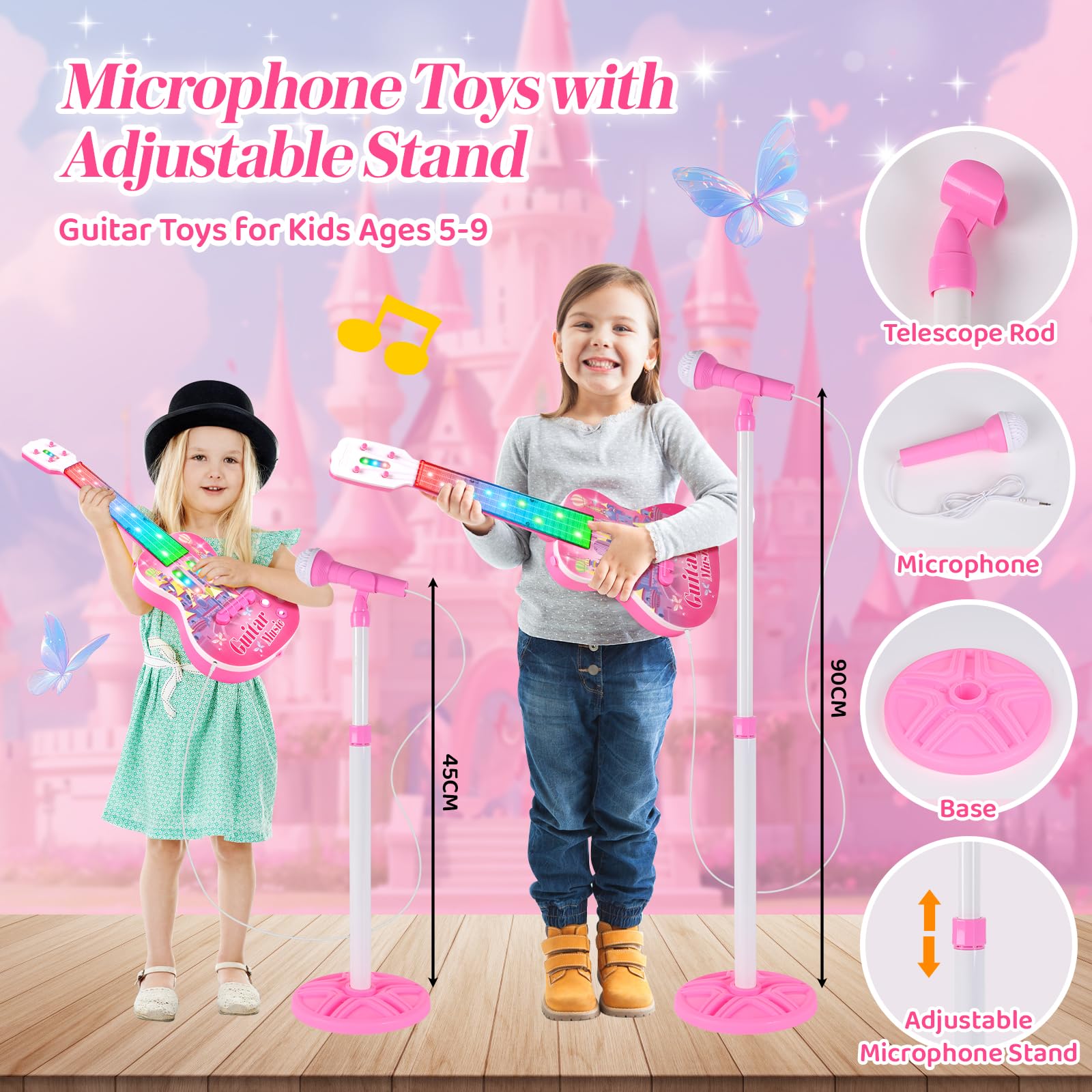 Kids Electric Guitar and Microphone Playset - 4-String Musical Toy Guitar with Adjustable Stand, LED Music Lights & Karaoke Function - Perfect Birthday Gift for Boys & Girls | Home Music Party, Stage Performance & Early Childhood Education